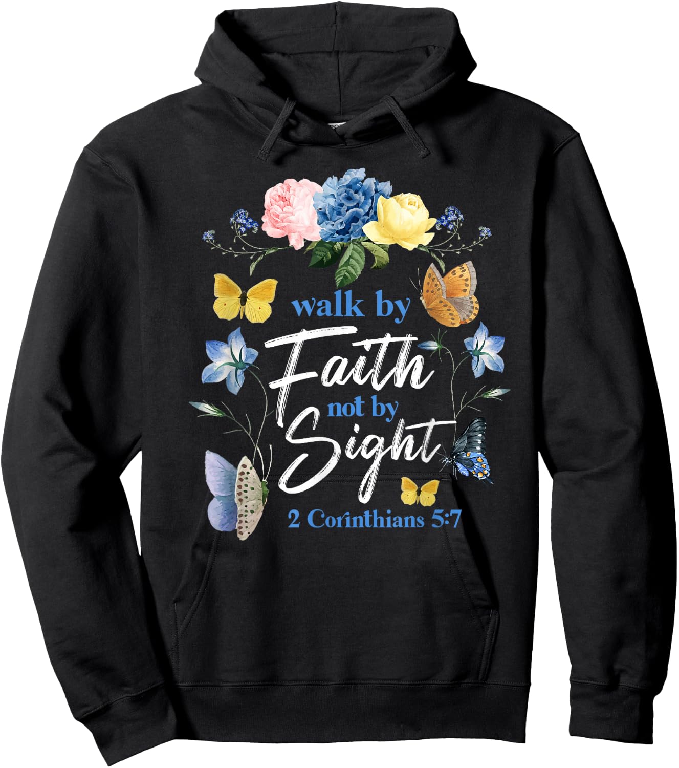 Christian Bible Verse Butterfly Flower 2 Corinthians 5:7 Hoodie - Hoodie | Black