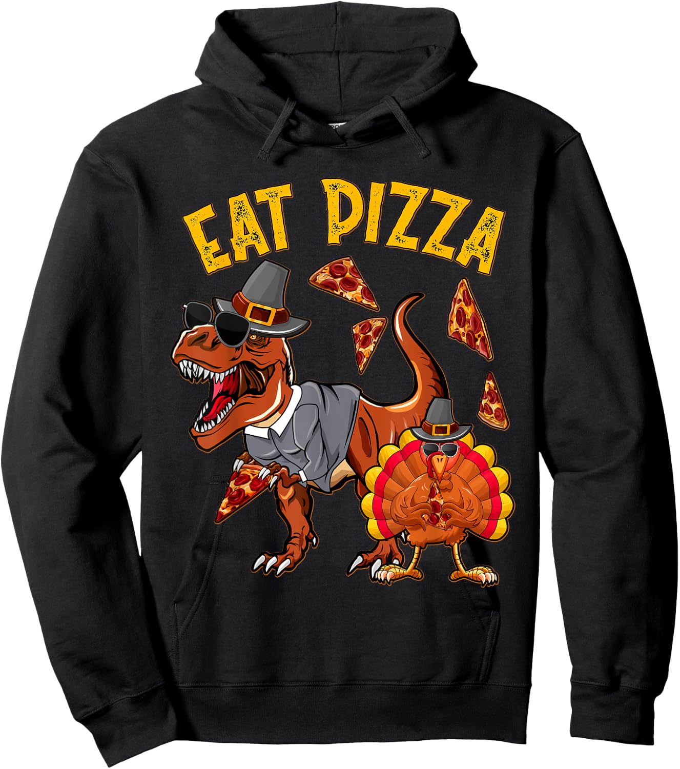 Eat Pizza Funny Turkey T Rex Youth Thanksgiving Boys Toddler Hoodie - Hoodie | Black