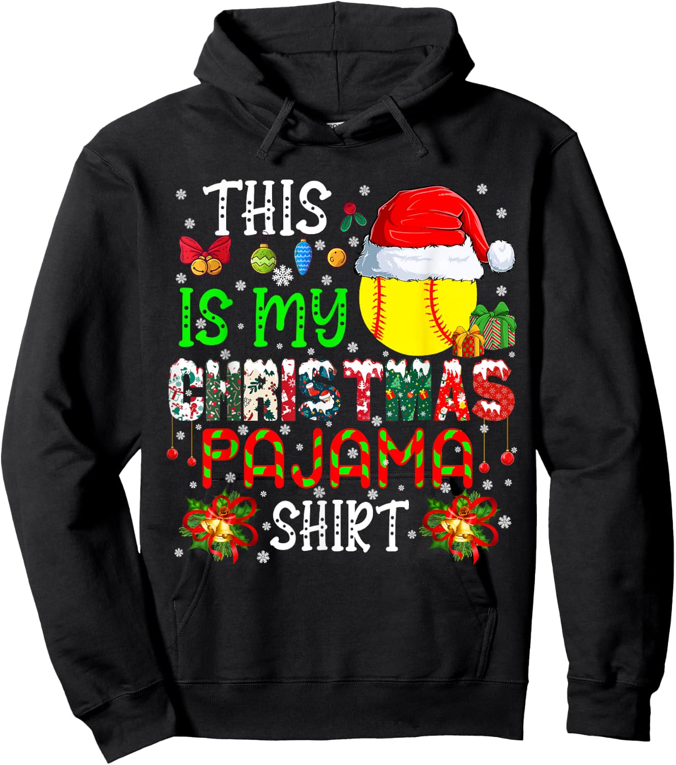 This Is My Christmas Pajama Shirt Santa Softball Ball Player Hoodie - Hoodie | Black