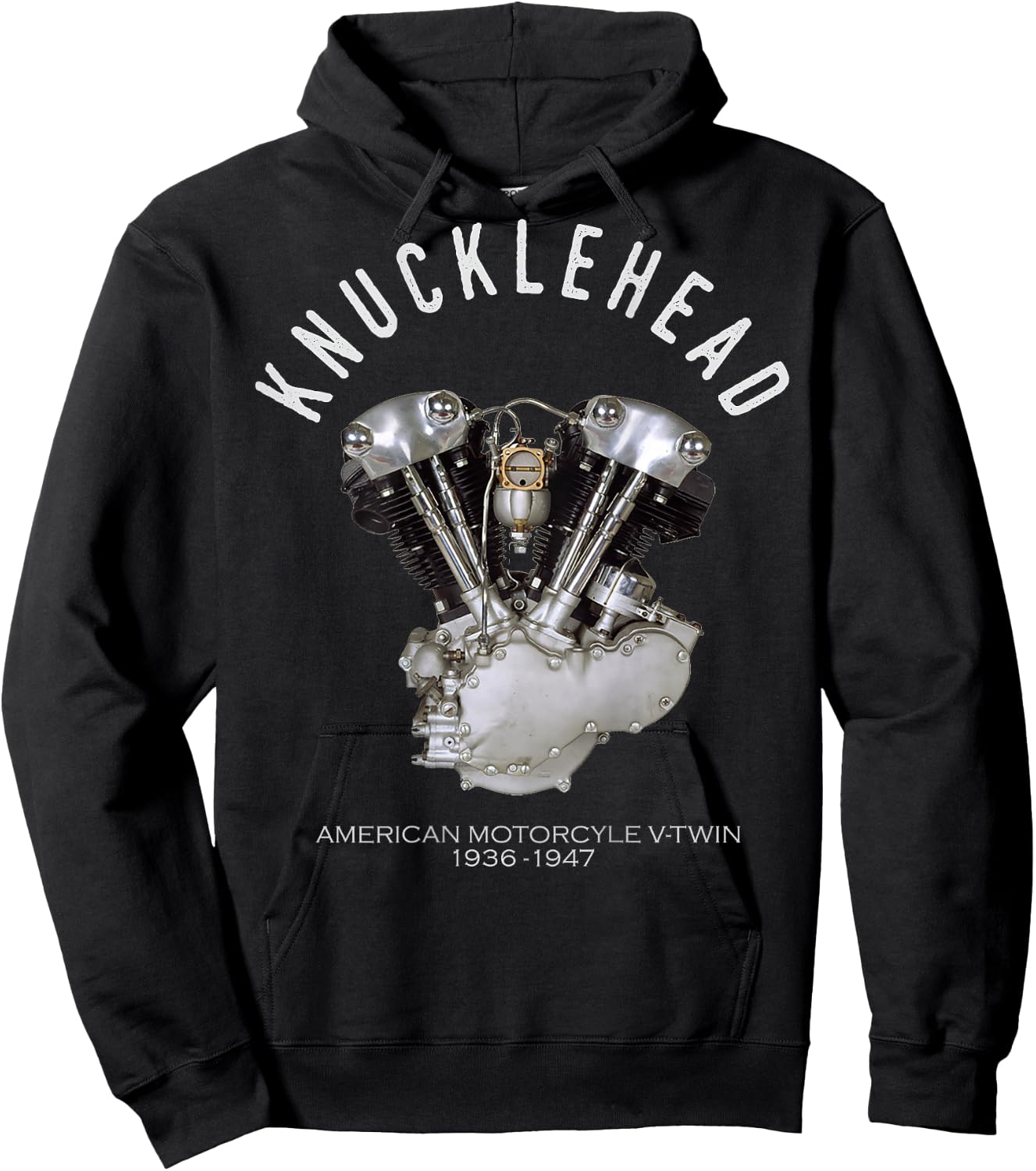 Old School V-Twin Knuckle Head Image Logo on Back Dark Color Hoodie - Hoodie | Black