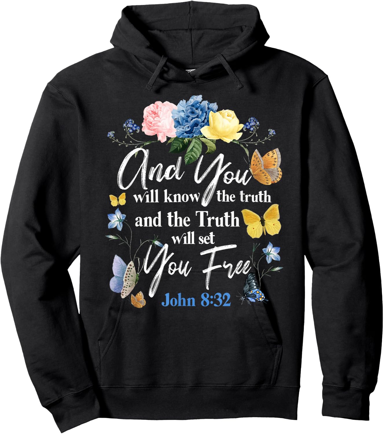 Christian Bible Verse Quote Butterfly Rose Flower John 8:32 Hoodie - Hoodie | Black