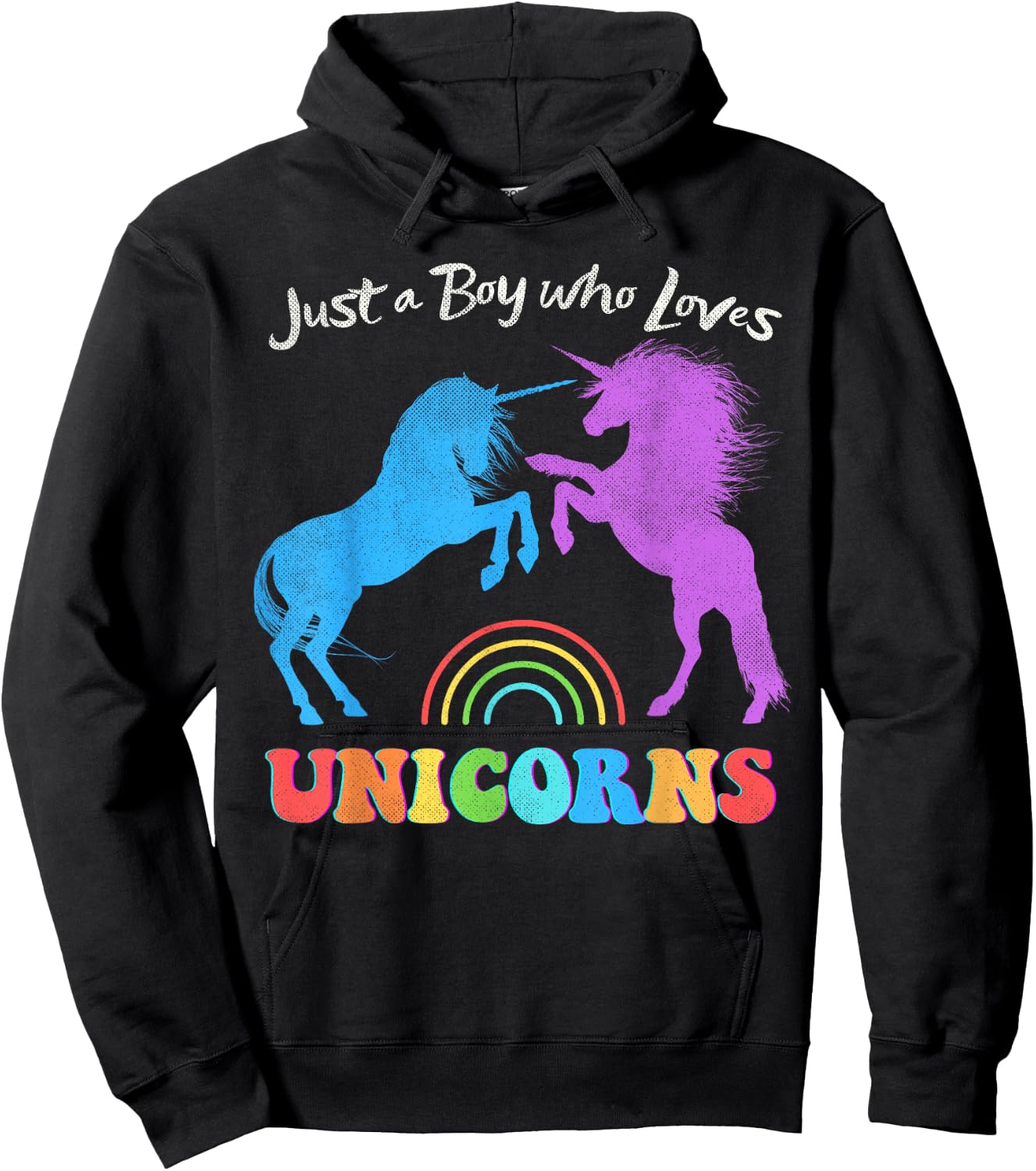 Funny Just a Boy who Loves Unicorns Retro Rainbow Distressed Hoodie - Hoodie | Black