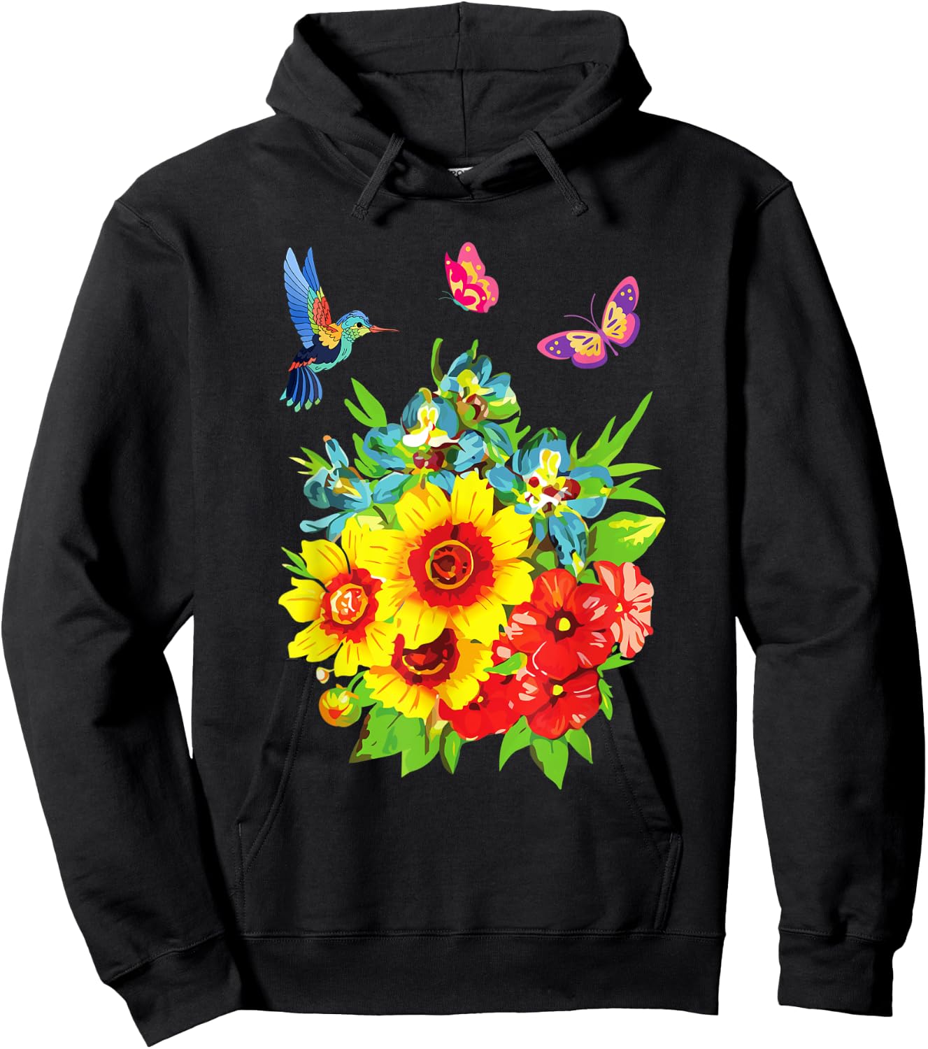 Hummingbird Flower Butterfly Design Hoodie - Hoodie | Black