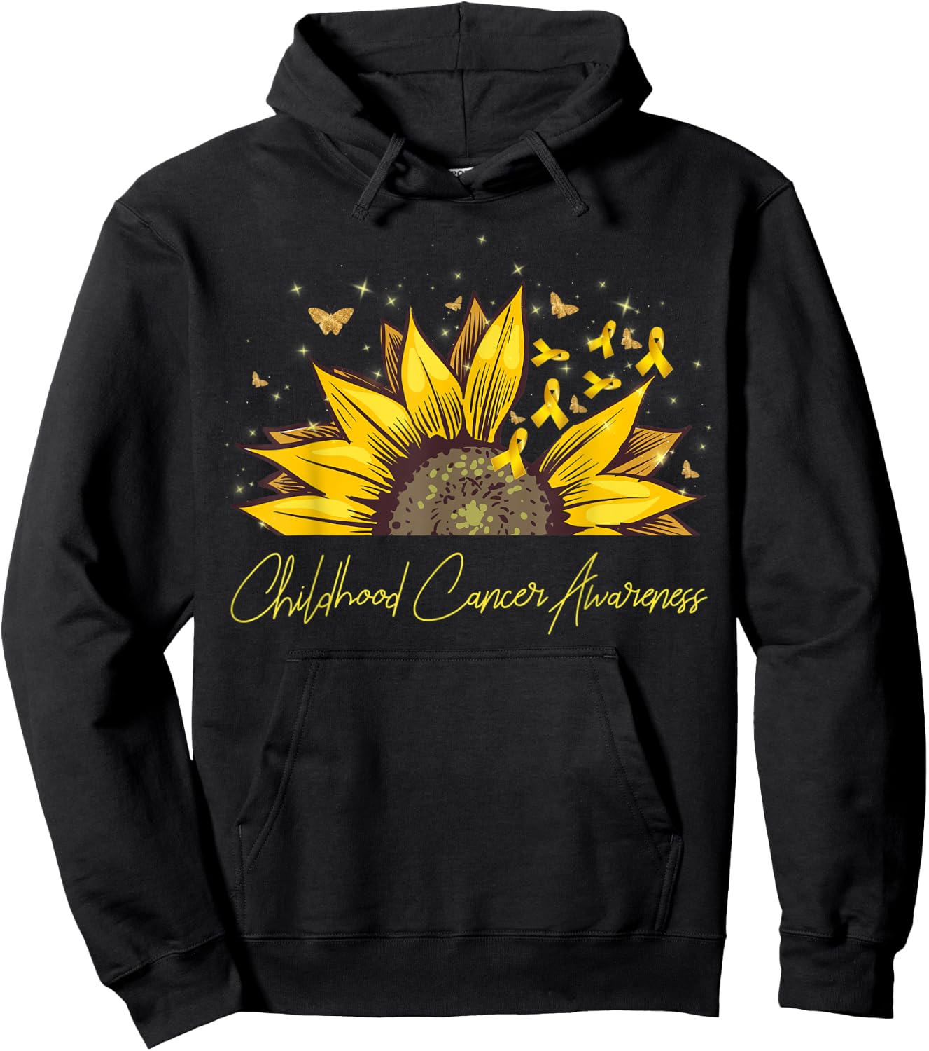 Gold Ribbon Sunflower Childhood Cancer Awareness Support Hoodie - Hoodie | Black