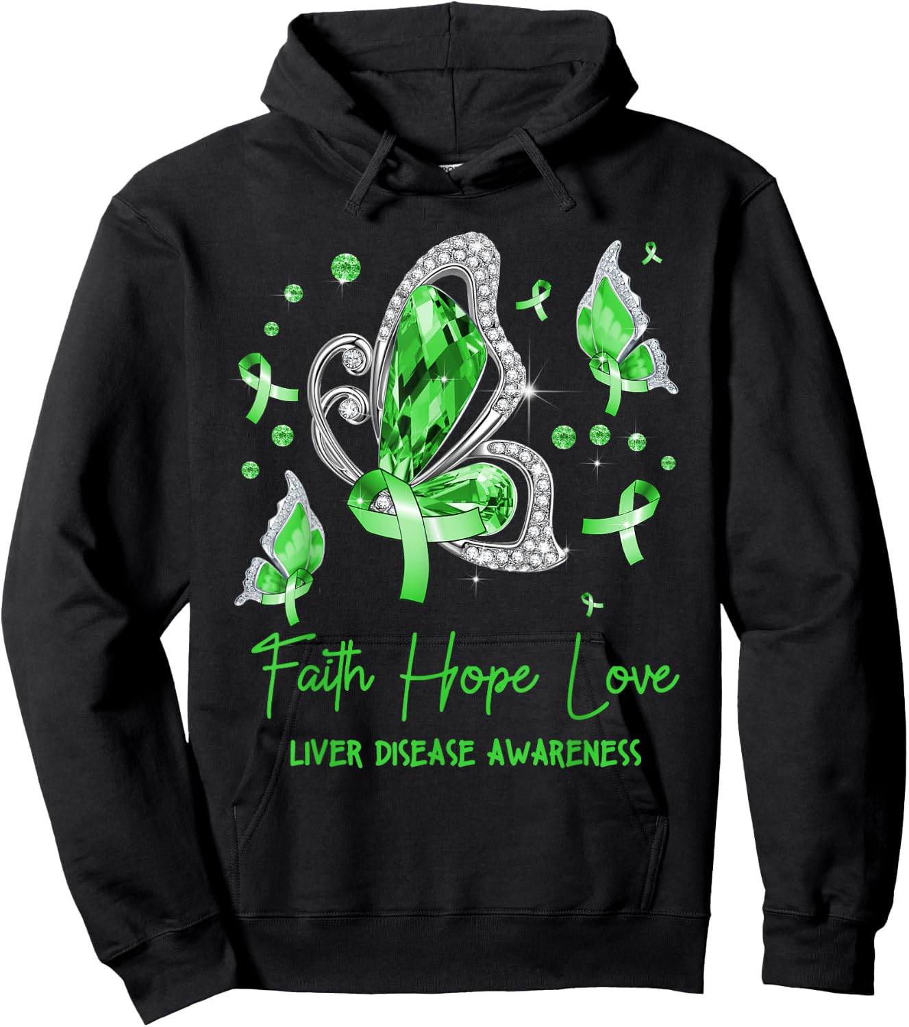 Faith Hope Love Butterfly Green Liver Disease Awareness Hoodie - Hoodie | Black