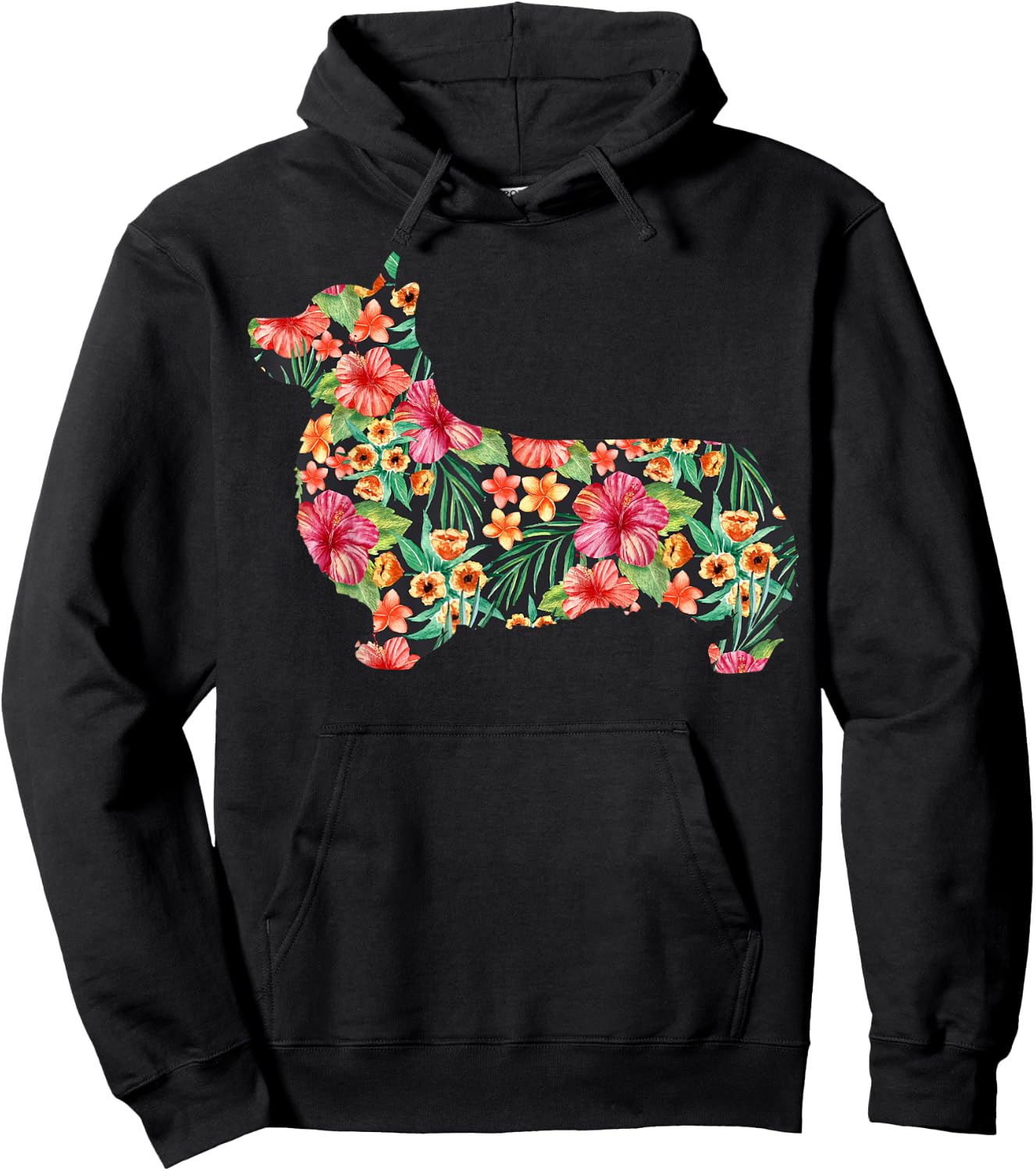Corgi Flower Funny Dog Silhouette Floral Gifts Women Men Hoodie - Hoodie | Black