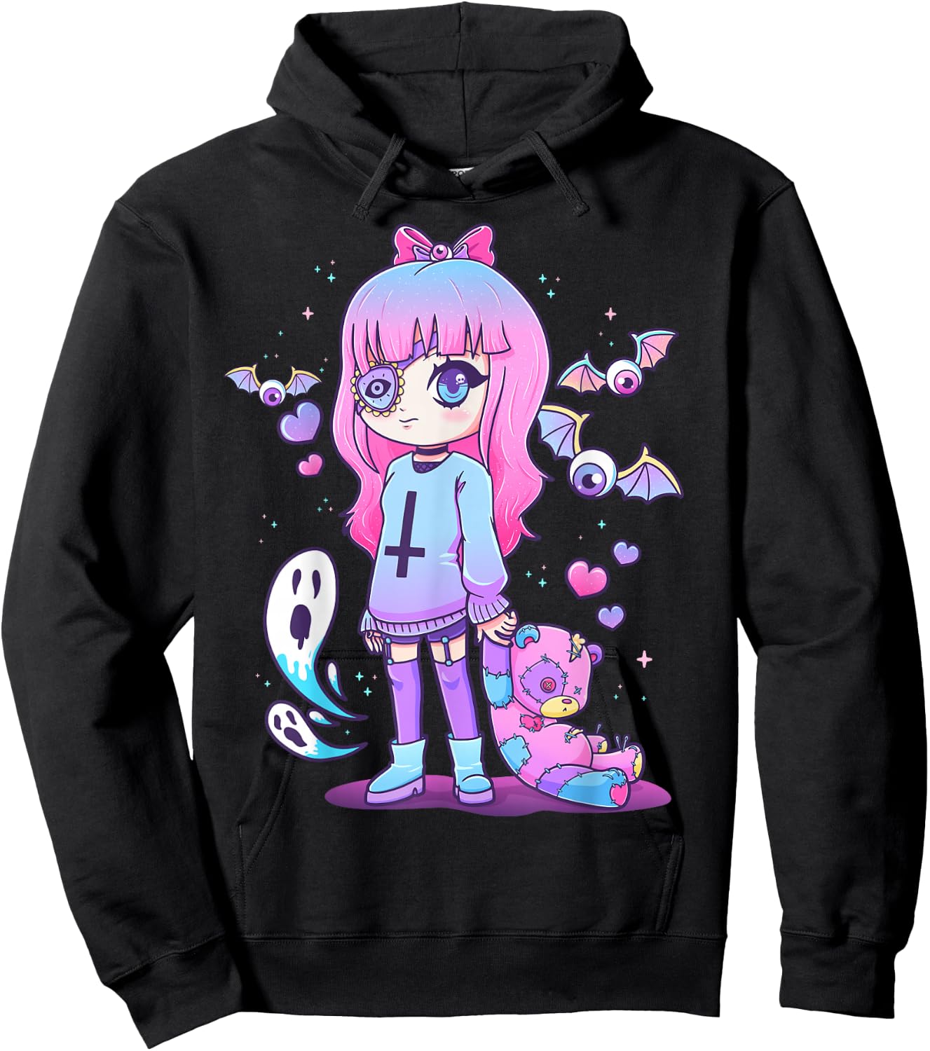 Pastel Goth Creepy Girl Teddy Bear Kawaii Emo Cute Nu Goth Hoodie - Hoodie | Black