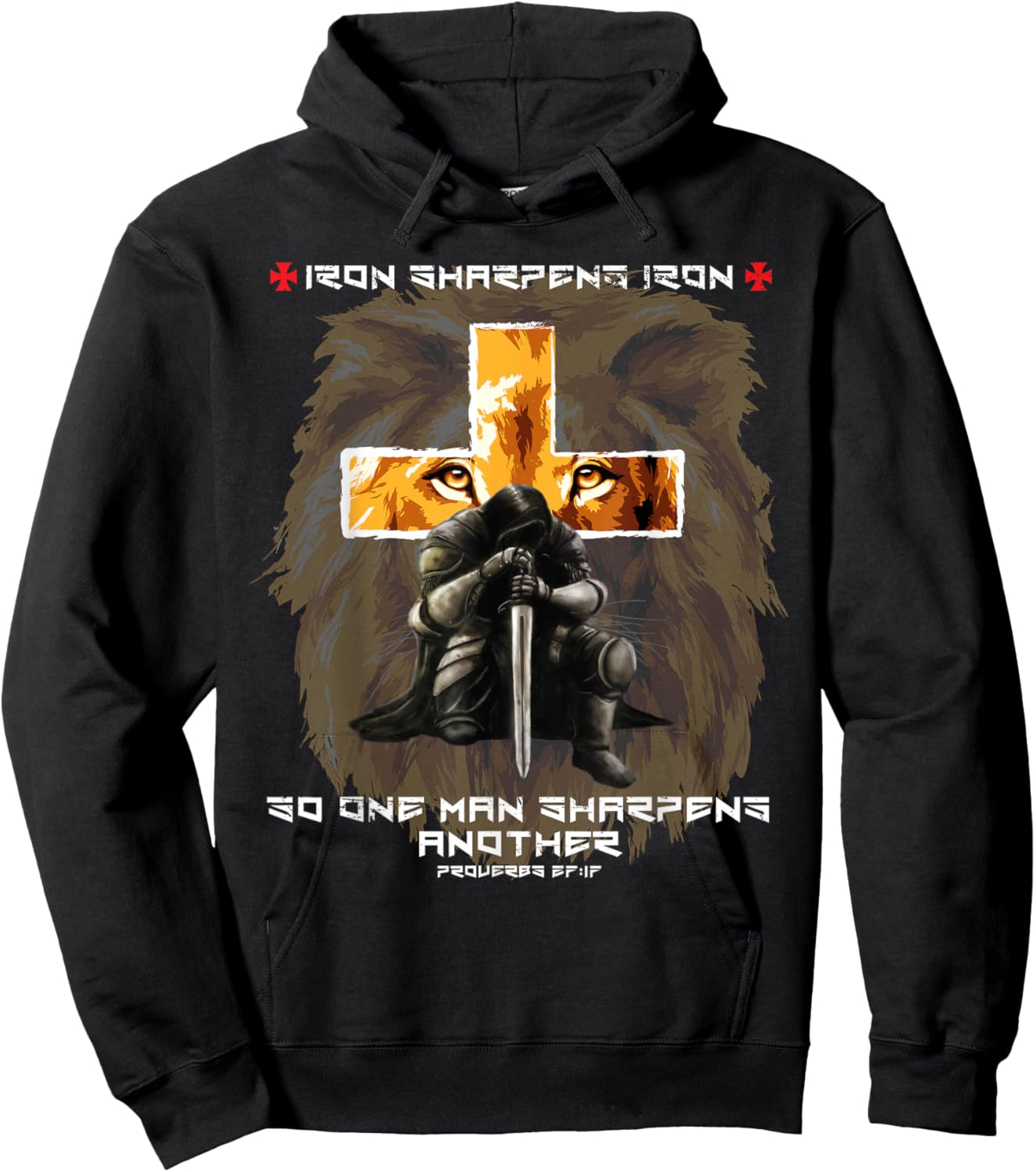 Iron Sharpens Iron Christian Scripture Crosses Lion Graphic Hoodie - Hoodie | Black