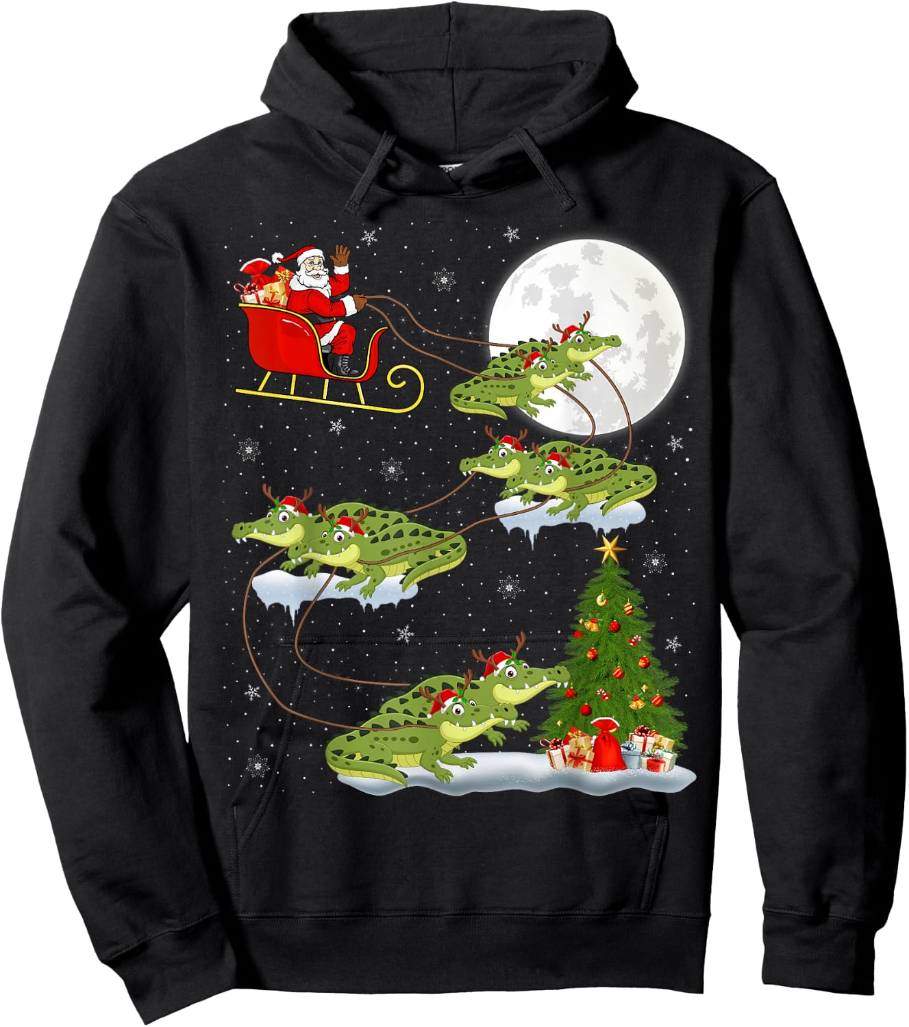 Funny Xmas Lighting Tree Santa Riding Alligator Christmas Hoodie - Hoodie | Black