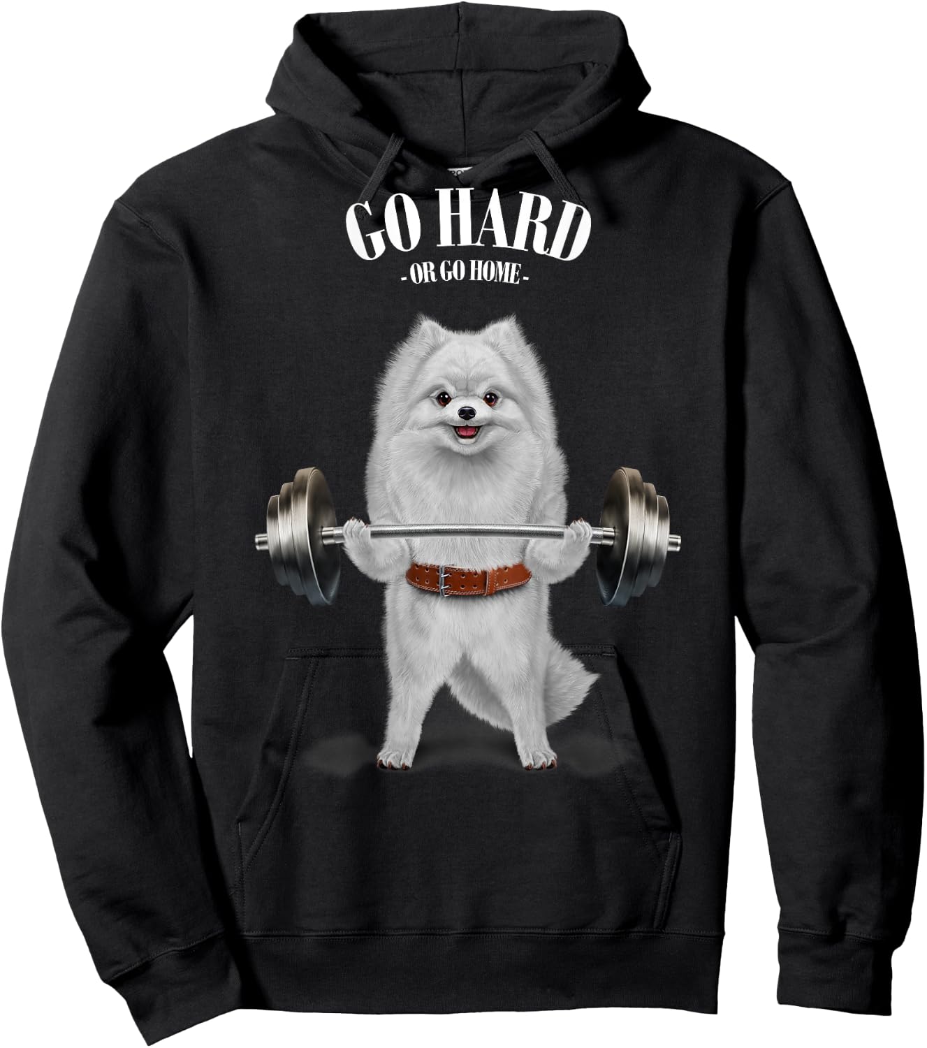 Fox Republic Design -Adults & Kids Black Cotton 100% Short Sleeve Small Classic Fit Modern Cartoon Dog White Pomeranian Dog Weightlifting in Fitness Gym Hoodie - Hoodie | Black