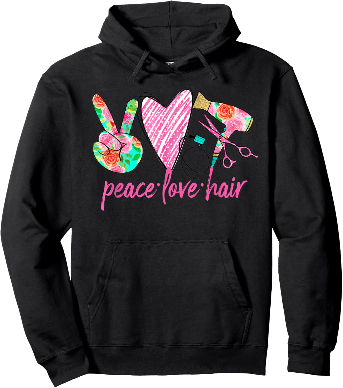 PEACE LOVE HAIR Hair Stylist Salon Hairdresser Gift Floral Hoodie - Hoodie | Black
