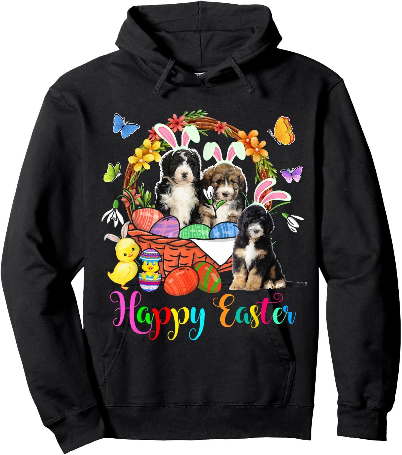 Three Bunny Bernedoodle Dogs In Easter Eggs Basket Hoodie - Hoodie | Black