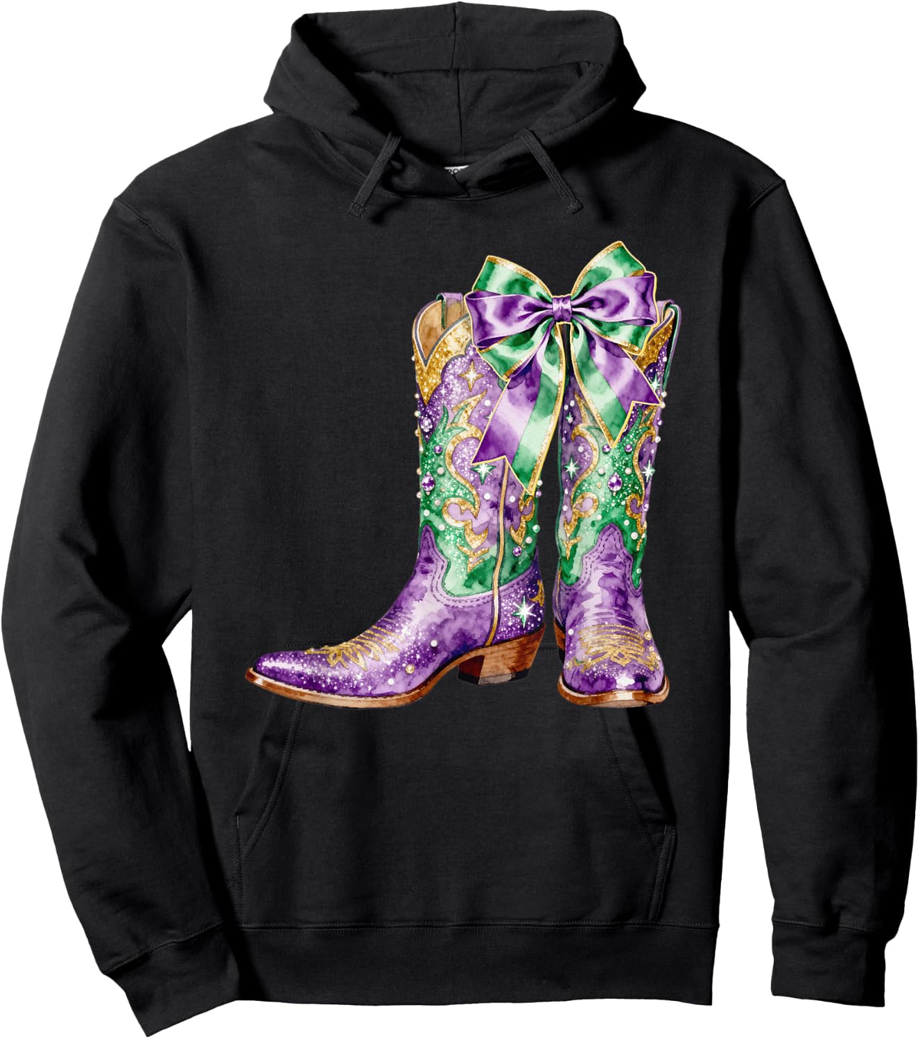 Mardi Gras Western Cowgirl Boots Coquette Bow Women Girls Hoodie - Hoodie | Black
