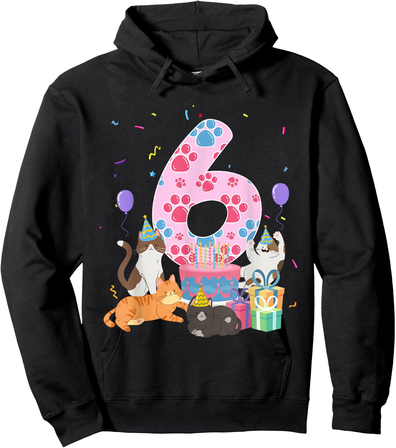 6th Birthday Cat 6 Year Old Birthday Cat Lover Party Hoodie - Hoodie | Black