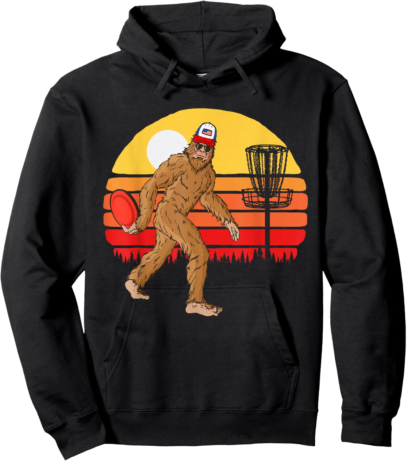 Retro Disc Golf Bigfoot Vintage Discus Sasquatch 80s Sunset Hoodie - Hoodie | Black