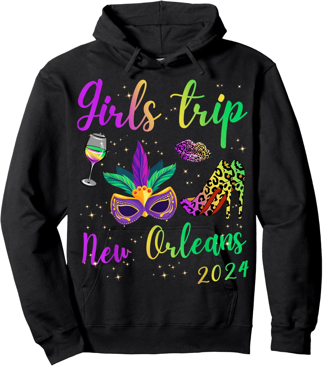 Girls Trip New Orleans 2024 Mardi Gras Mask Beads Matching Hoodie - Hoodie | Black