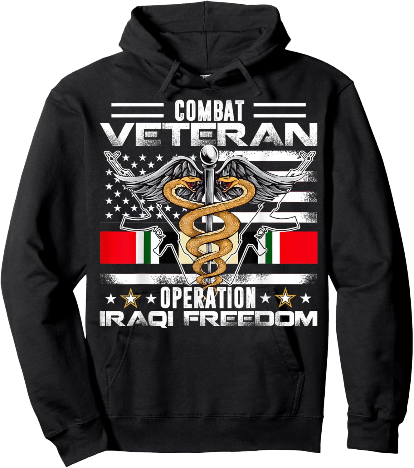 Proud Combat Veteran Iraqi Freedom Military US American Flag Women Kids Men Hoodie - Hoodie | Black