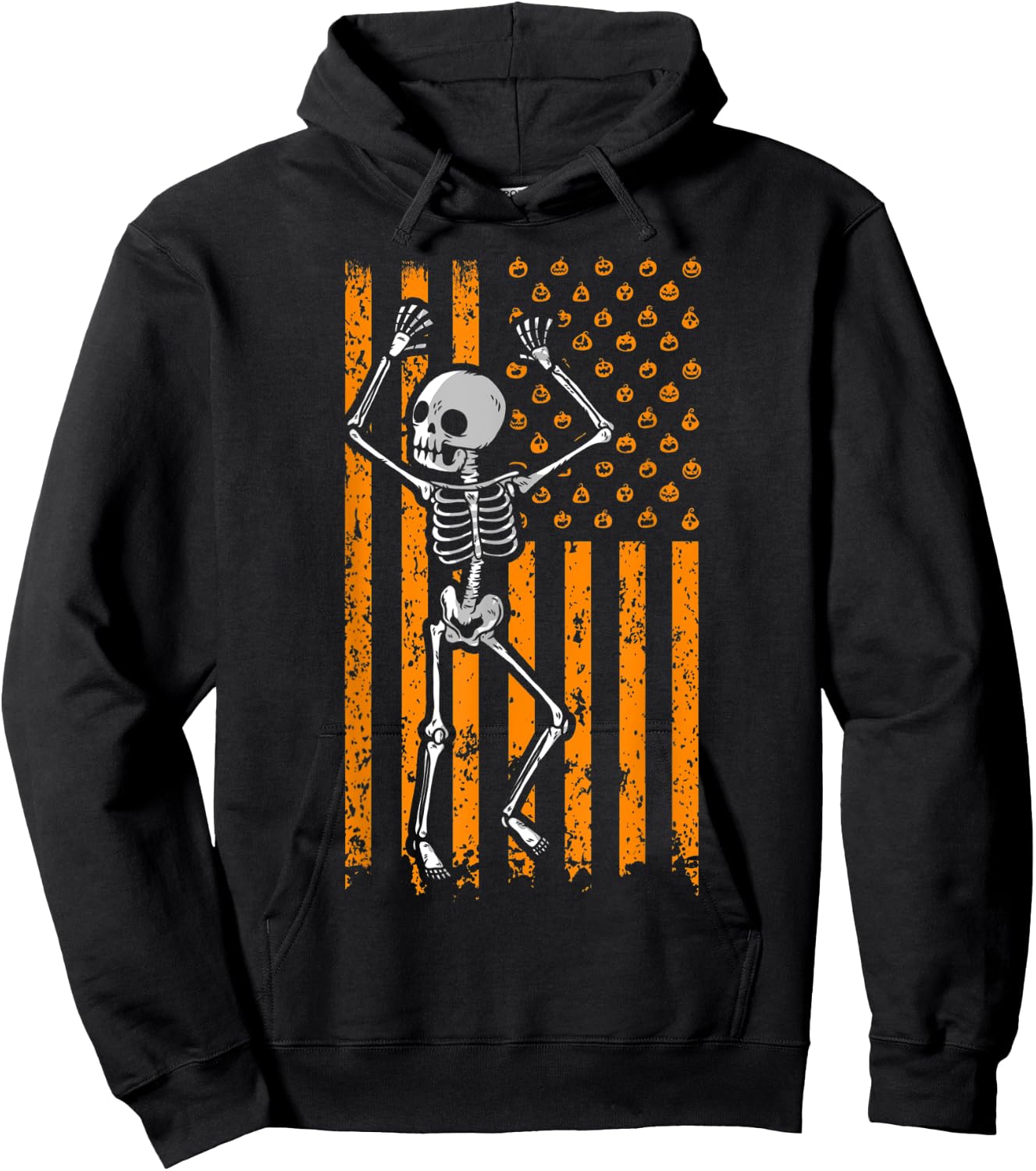 Scary Skeleton Skull Pumpkin American Flag Halloween Kids Men Hoodie - Hoodie | Black