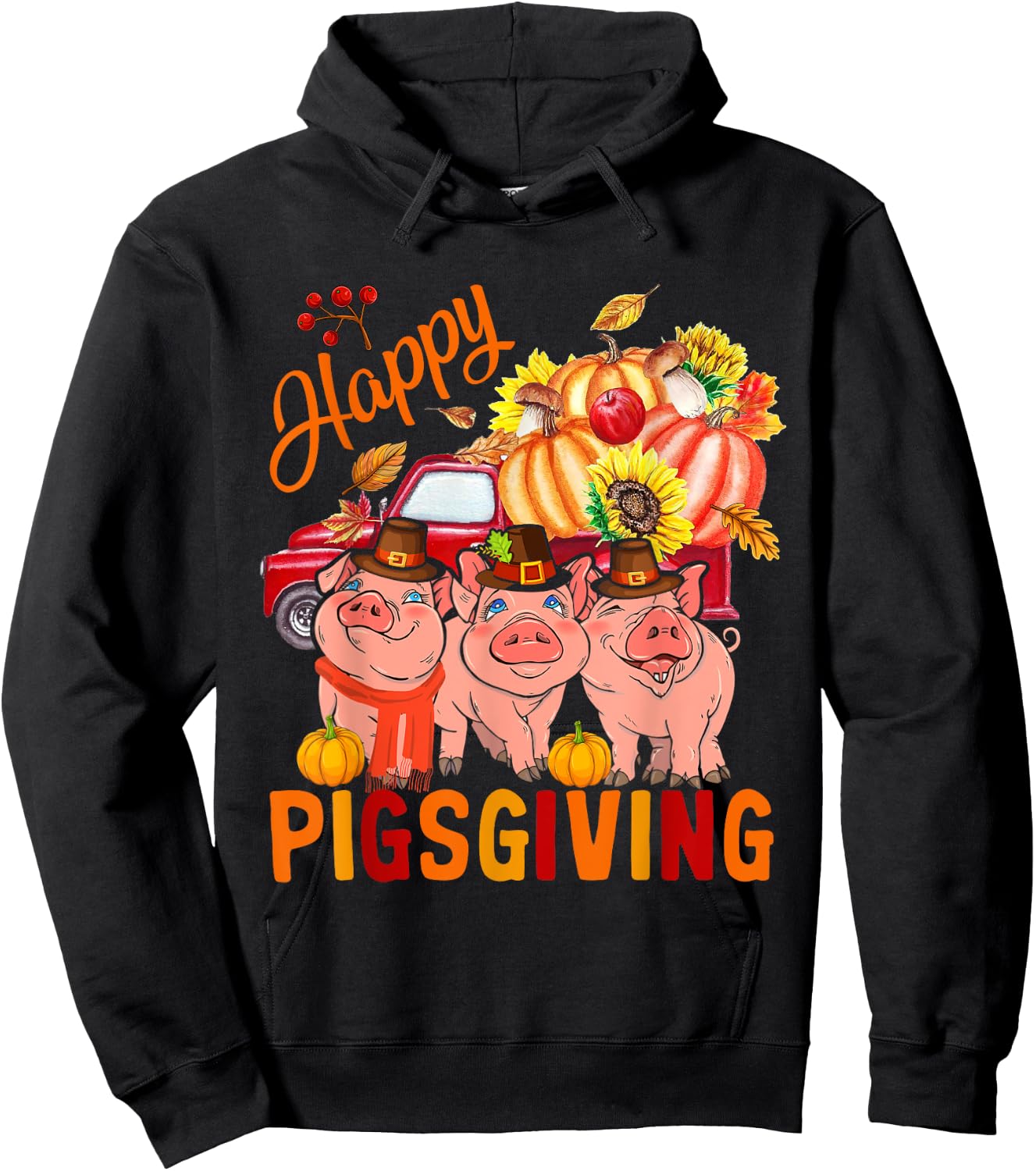 Happy Pigsgiving Three Pigs Pickup Truck Carrying Pumpkins Hoodie - Hoodie | Black