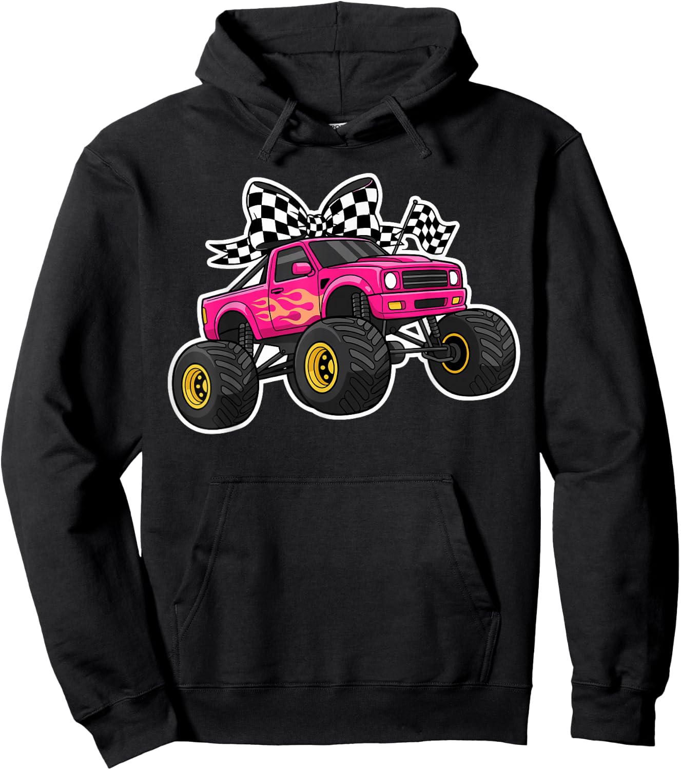 Pink Monster Truck Bow Shirt Women, Cute Girls Truck Lover Hoodie - Hoodie | Black