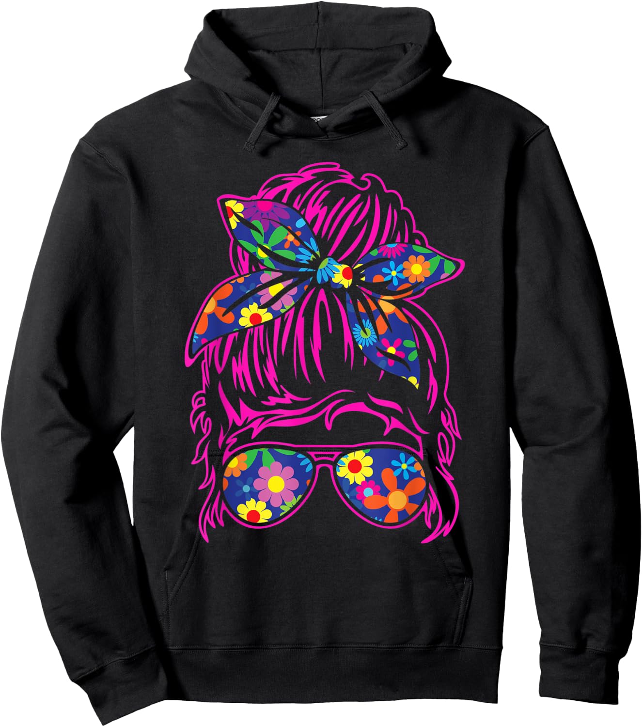 Messy Hair Bun with Bandana Ribbon and Sunglasses Design Hoodie - Hoodie | Black