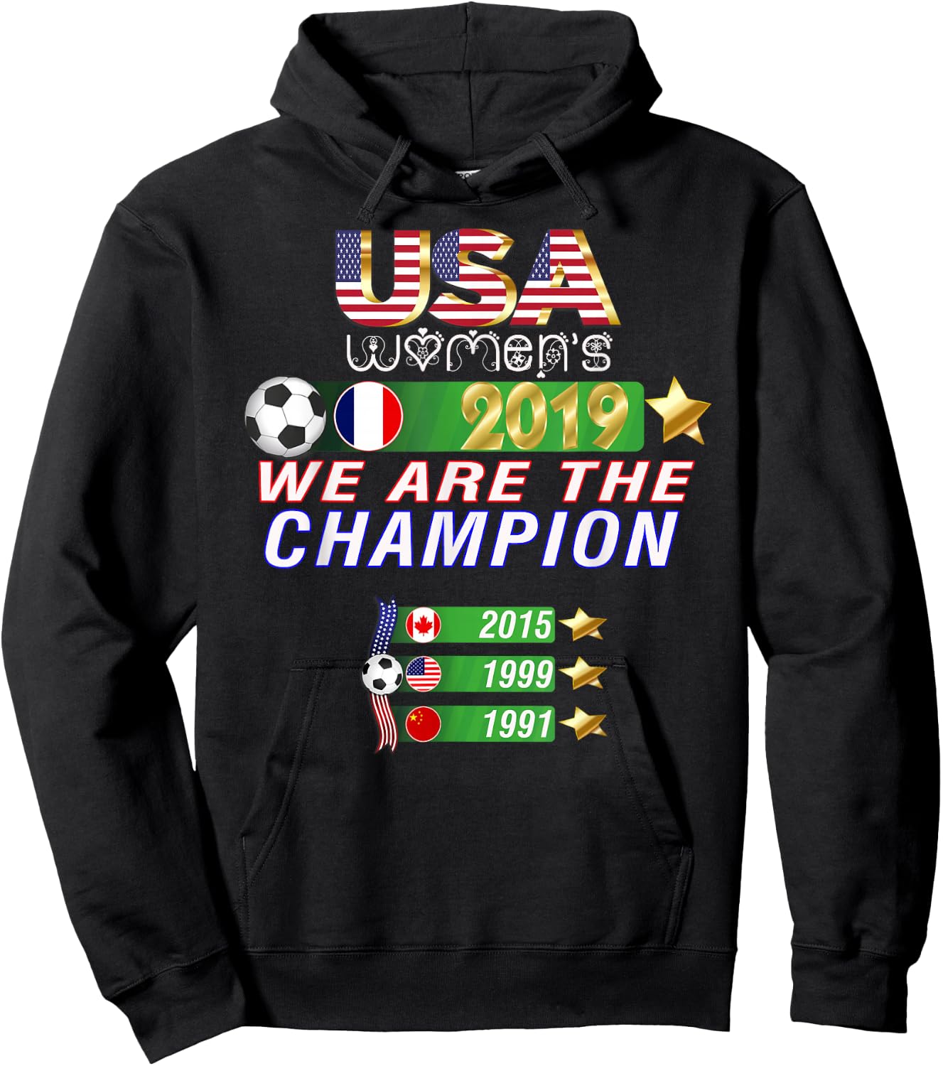 USA Women Soccer, World Champion 2019, 4 stars Hoodie - Hoodie | Black