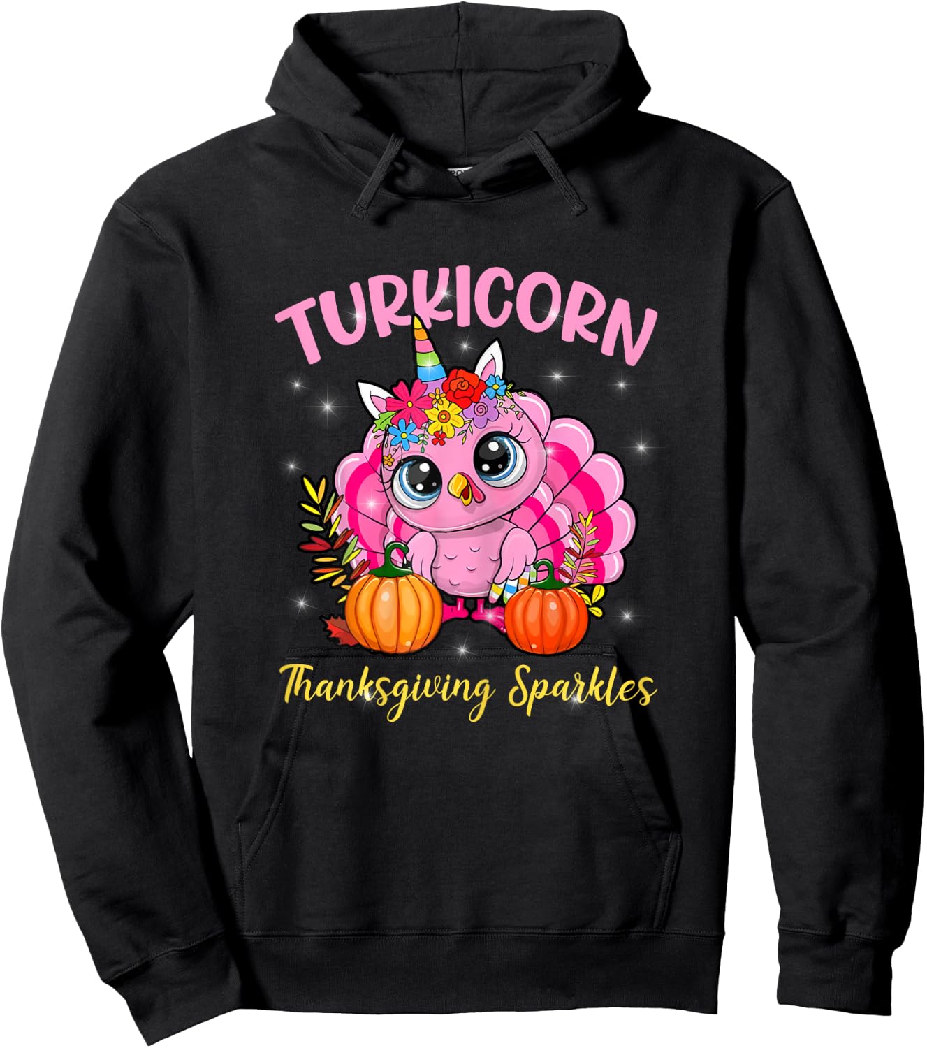 Cute Unicorn Turkey Sparkles Funny Thanksgiving Women Girl Hoodie - Hoodie | Black