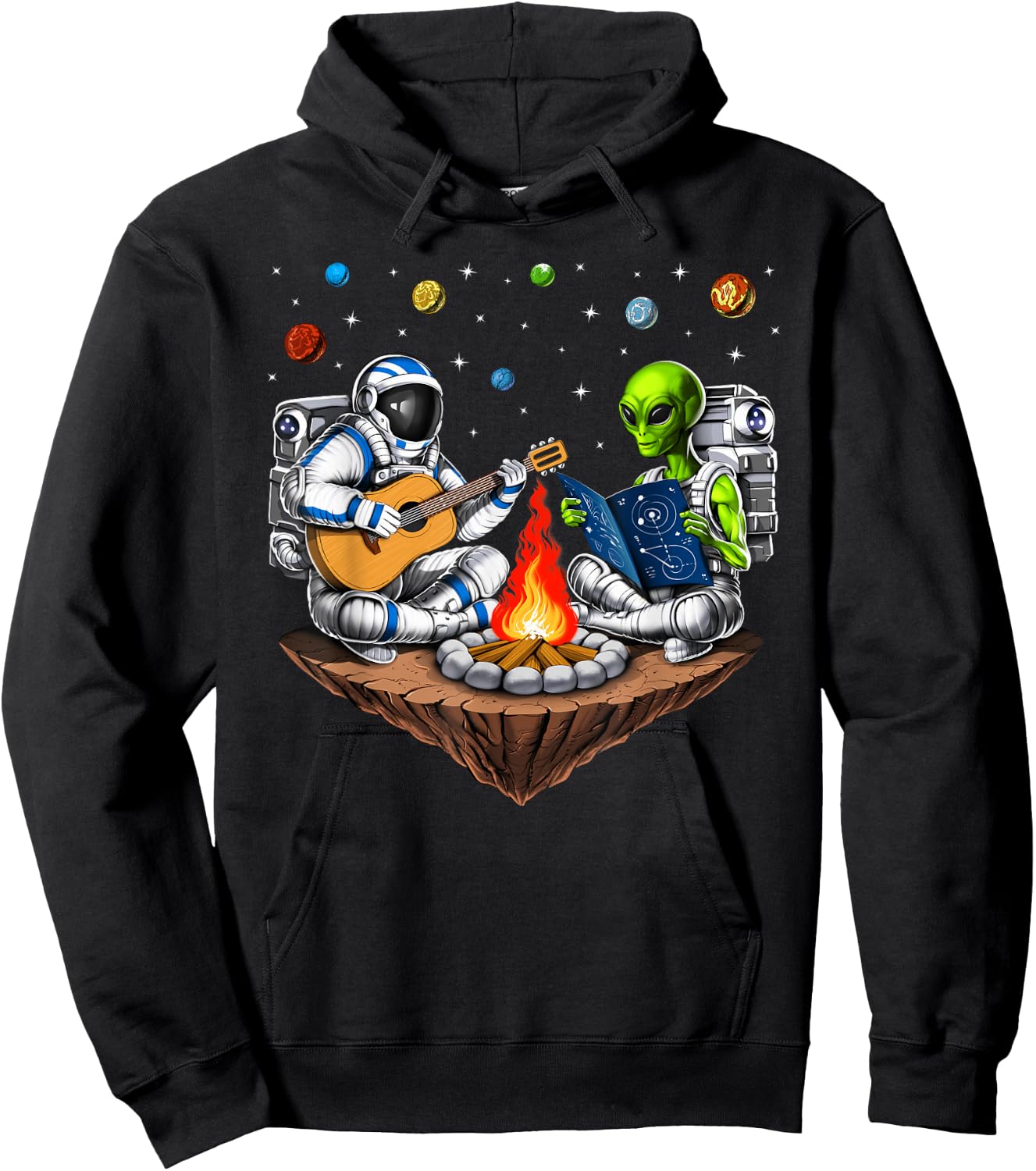 Space Alien Astronaut Camping Campfire Extraterrestrial Hoodie - Hoodie | Black