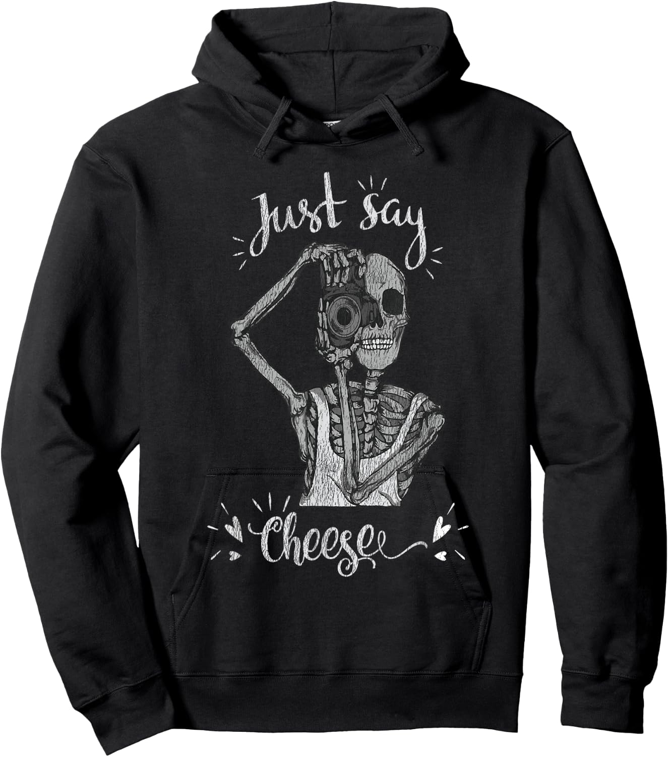 Just Say Cheese Skeleton Photographer Camera Distressed Hoodie - Hoodie | Black