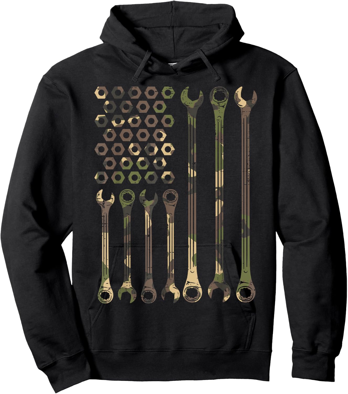 Camo Flag Wrench Vintage Fathers Day Patriotic Mechanic Men Hoodie - Hoodie | Black