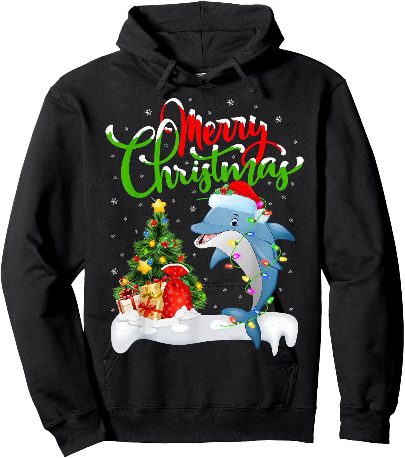 Funny Dolphin Fish Lover Xmas Lighting Dolphin Christmas Hoodie - Hoodie | Black