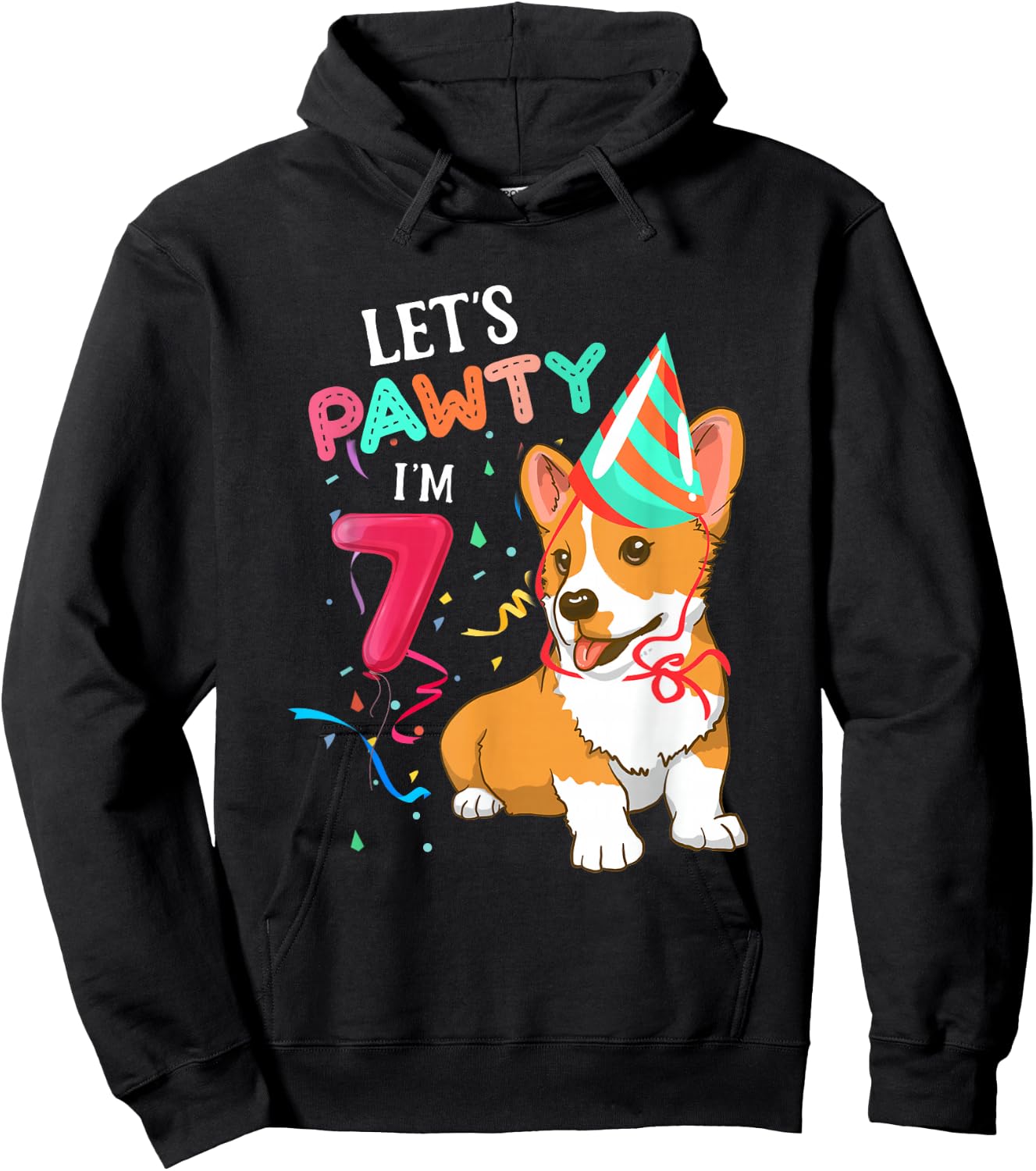 7th Birthday Corgi 7 Years Old Let's Pawty I'm 7 Hoodie - Hoodie | Black