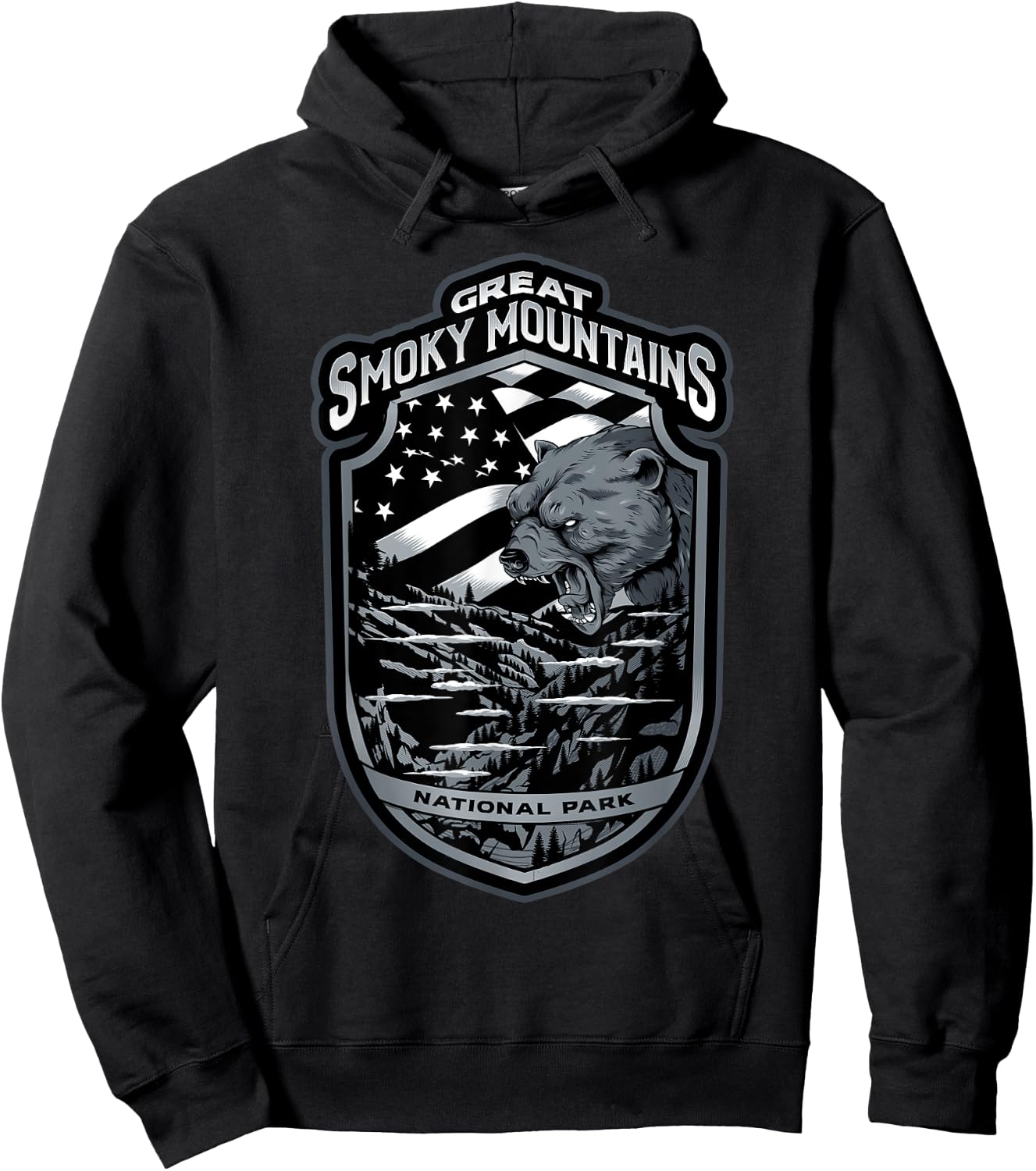 Great Smoky Mountains Vacation Souvenirs Gifts Bear USA Flag Hoodie - Hoodie | Black