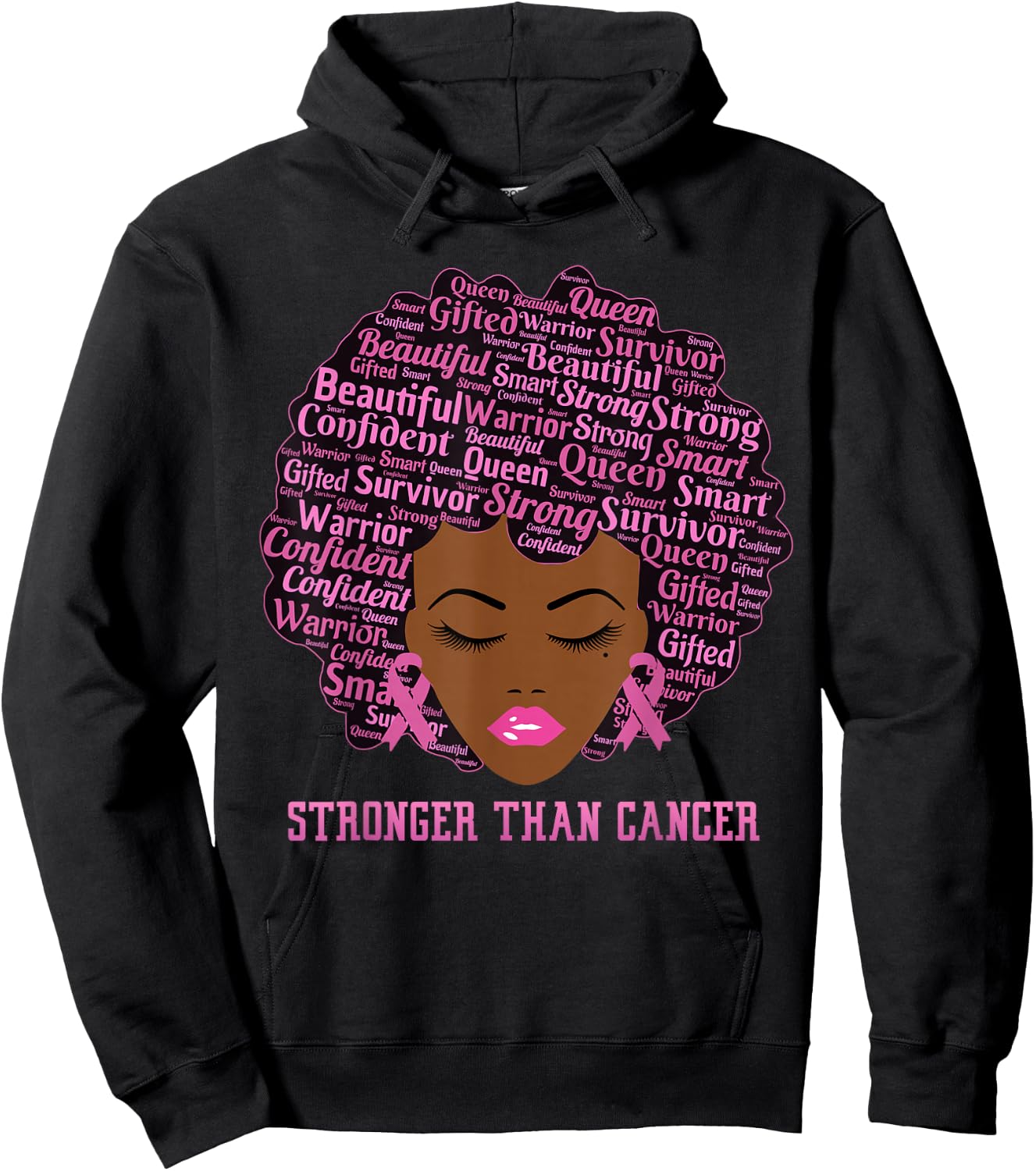 Black Women Queen Stronger Than Breast Cancer Pink Ribbon Hoodie - Hoodie | Black