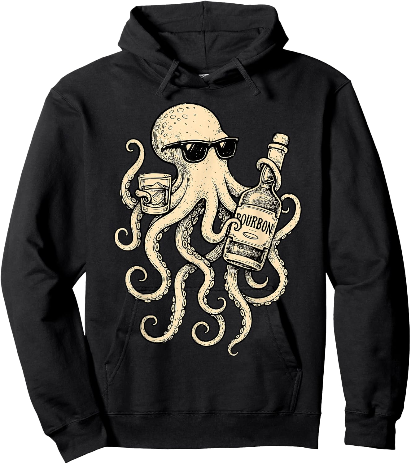 Vintage Octopus Drinking Bourbon Whiskey Bartending Drinker Hoodie - Hoodie | Black