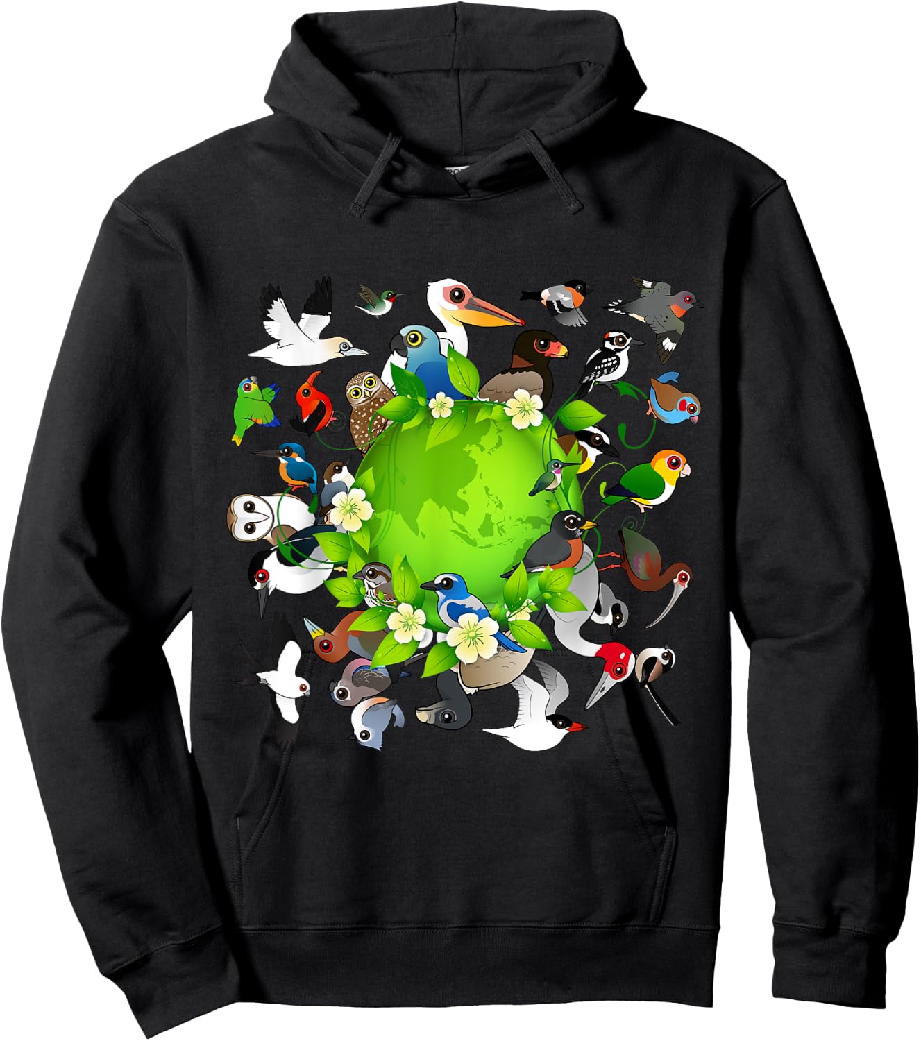 Flock of Cartoon Birds Around Earth | Earth Day Birdorable Hoodie - Hoodie | Black