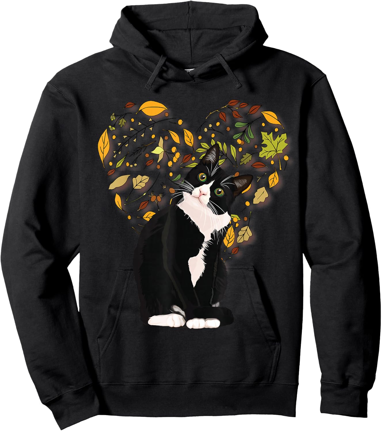 Tuxedo Cat t Shirt Gift Autumn Fall Leaves Black and White Hoodie - Hoodie | Black