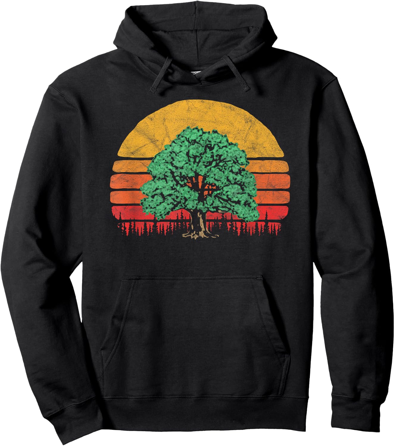 Retro Sun Minimalist Oak Tree Design - Graphic Hoodie - Hoodie | Black