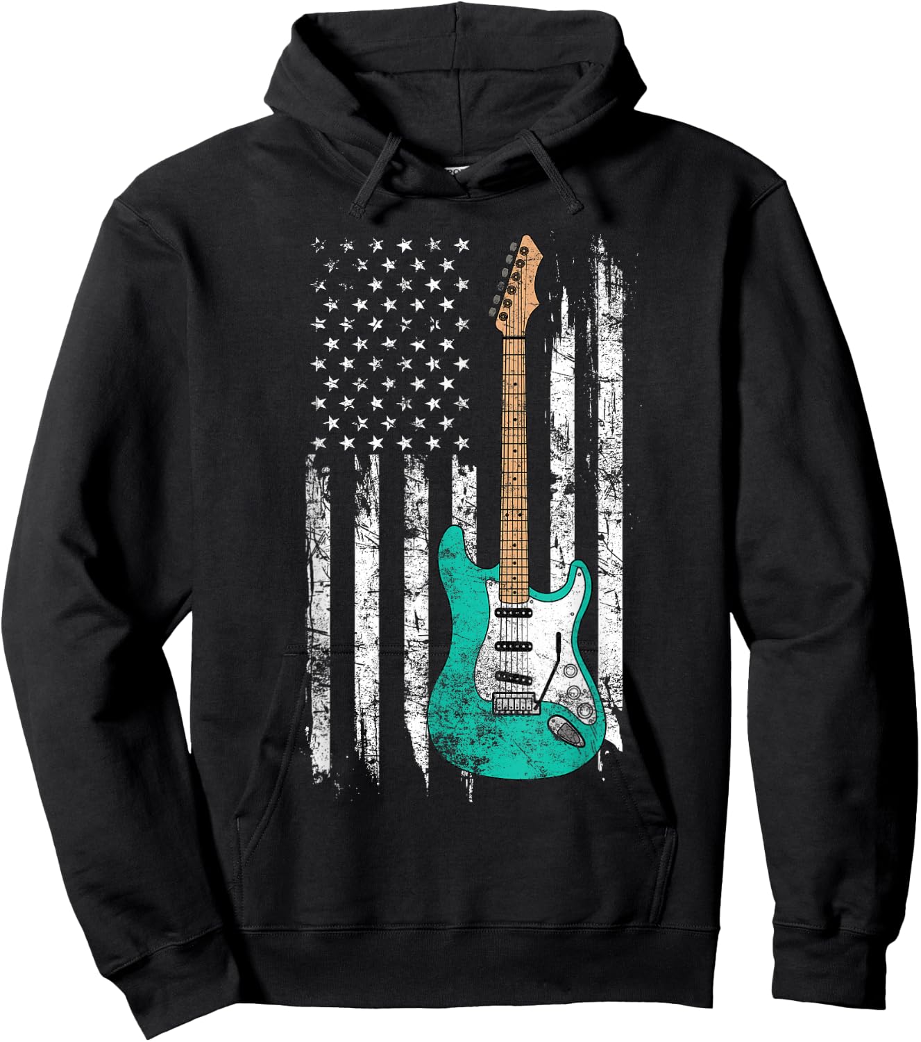 Vintage Guitar - American US Flag Hoodie - Hoodie | Black