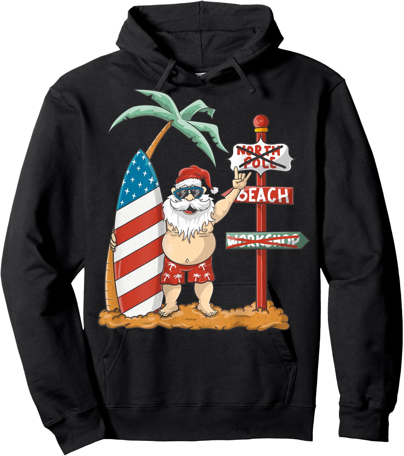 Surfing Santa With USA Patriotic Surfboard Christmas in July Women Kids Men Hoodie - Hoodie | Black