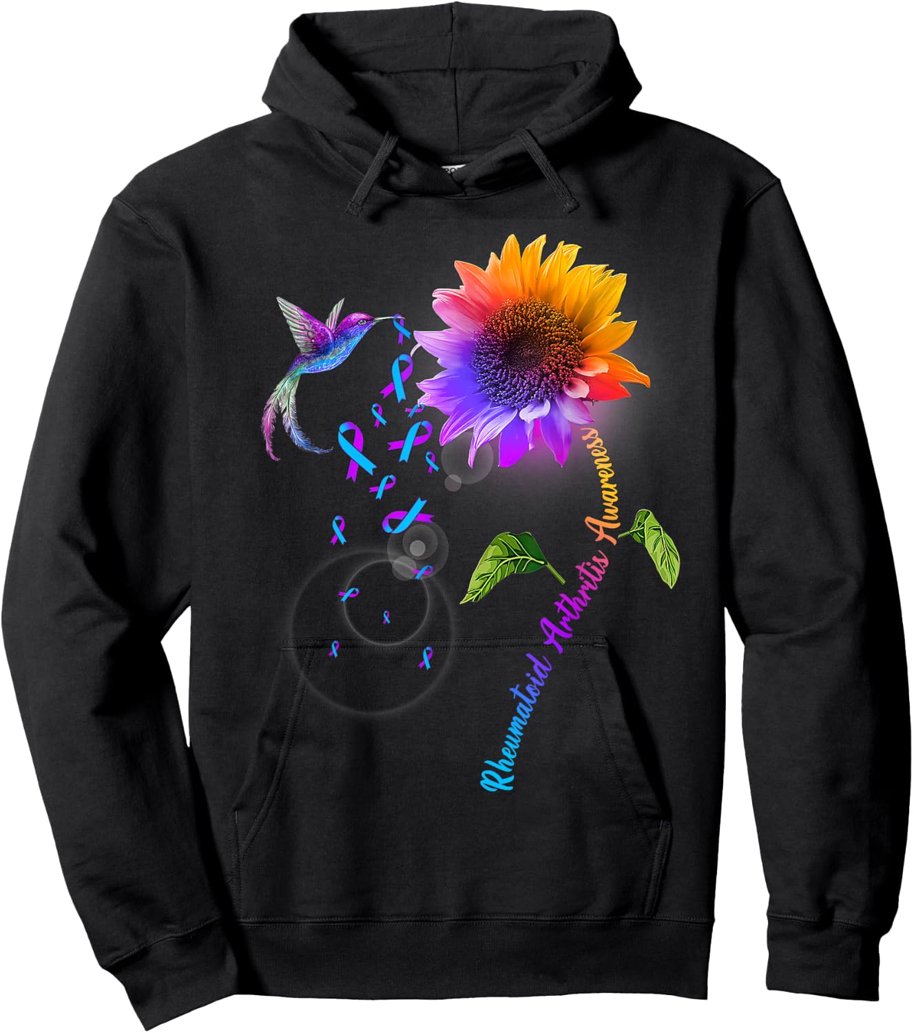 Rheumatoid Arthritis Awareness Sunflower Hummingbird Hoodie - Hoodie | Black