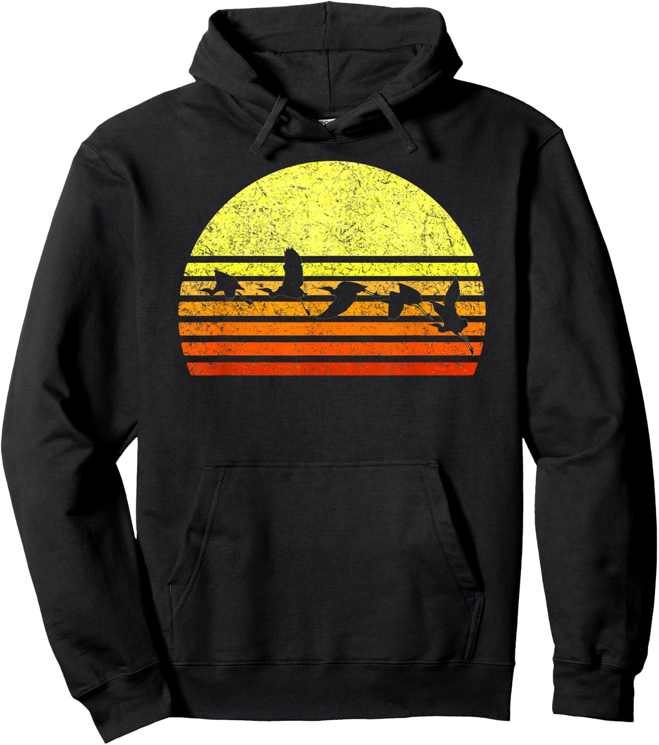 Great Blue Heron Bird Retro Sunset Vintage Distressed Sun Hoodie - Hoodie | Black