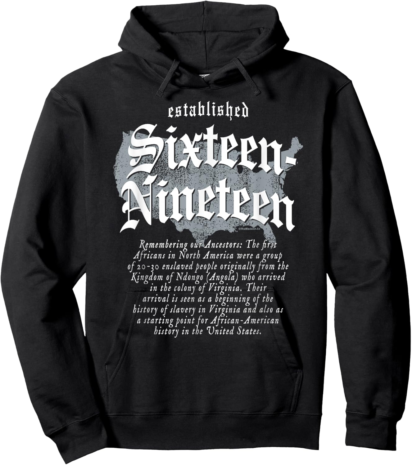 TheBlackest Co. Project Sixteen-Nineteen Established African American Map - -Adults/Kids - Black - Short Sleeve - Classic Fit - Cotton/Polyester - Size S (US) Hoodie - Hoodie | Black