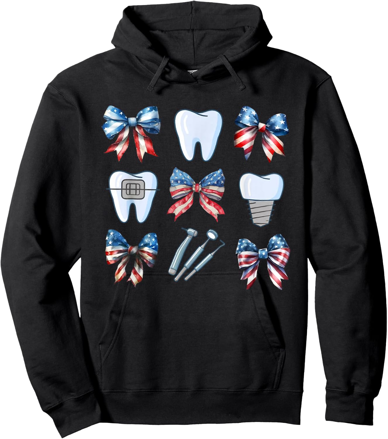 Cute Coquette Bows Teeth Dentist Funny 4th Of July Patriotic Women Men Hoodie - Hoodie | Black