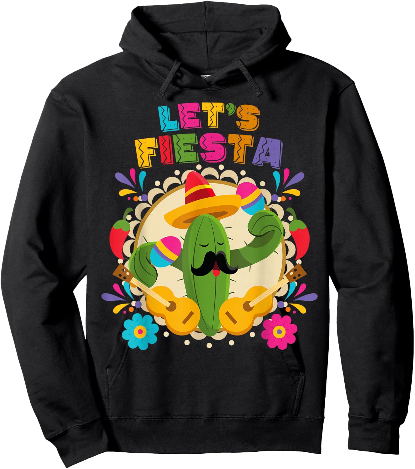 Lets Fiesta Cinco De Mayo with Guitar Cactus Sombrero Hoodie - Hoodie | Black