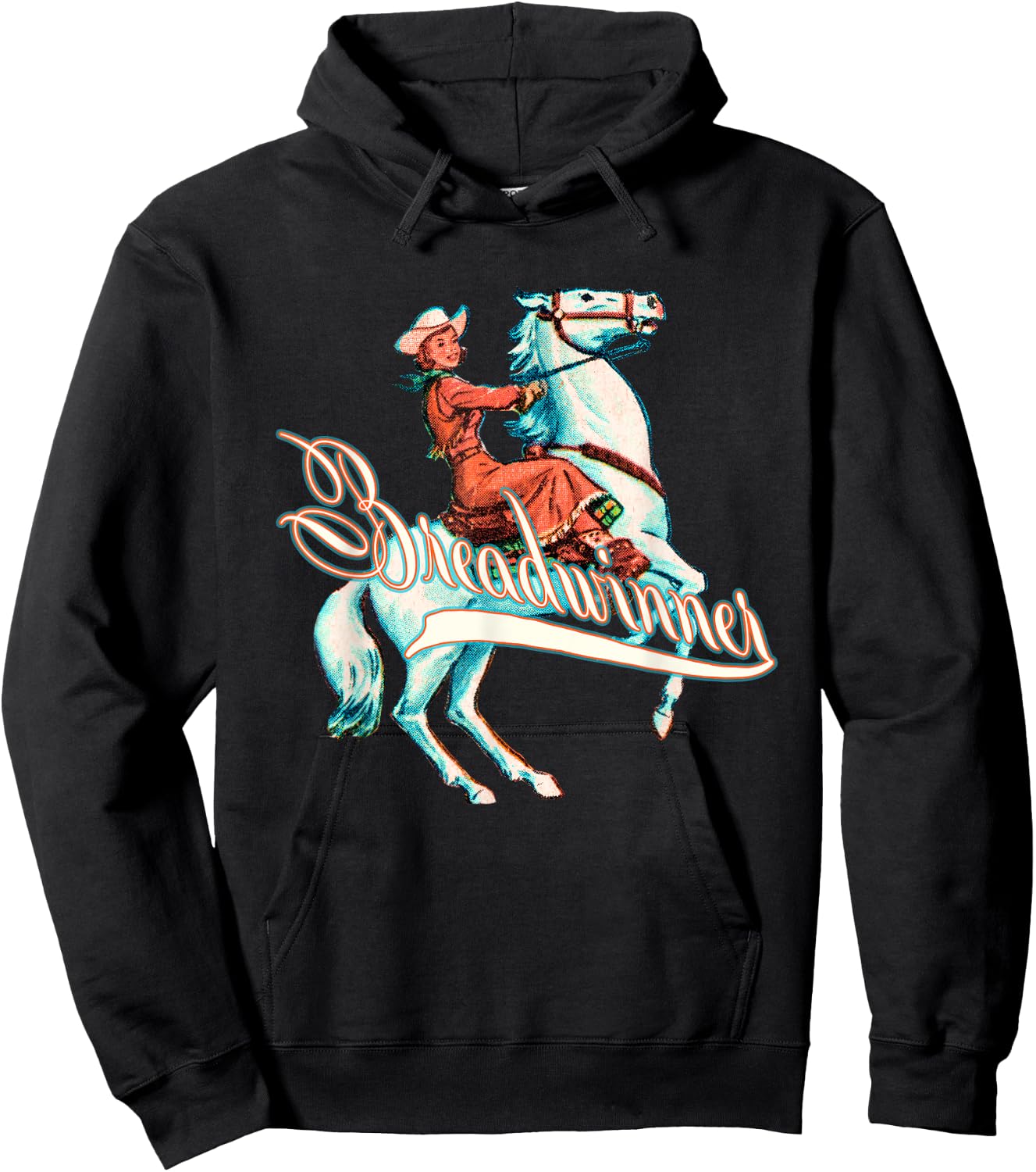 Breadwinner, Buckaroo Cowgirl on Horse, Retro Hoodie - Hoodie | Black
