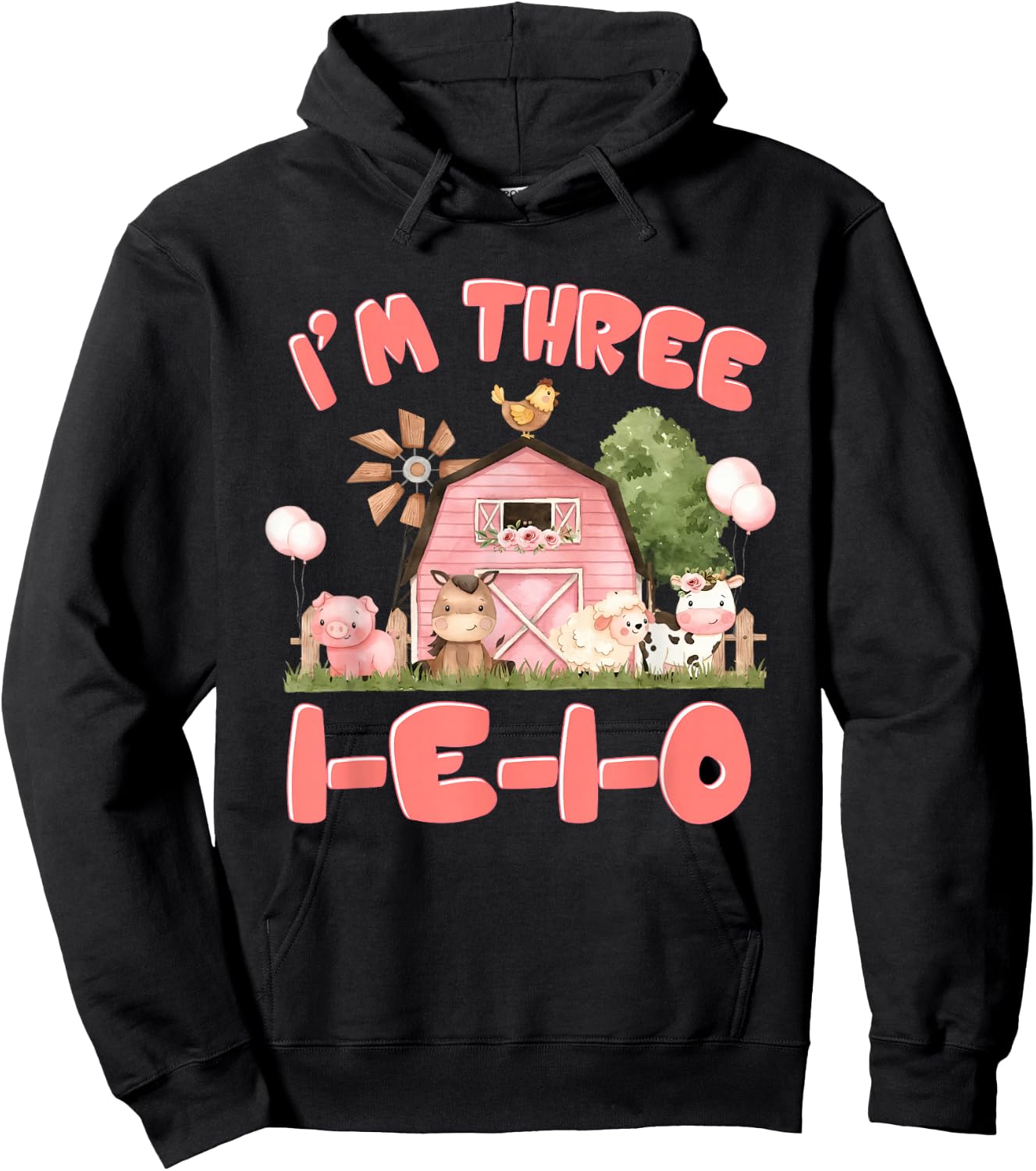 I'm Three I-E-I-O 3rd Birthday Farm Animal Barnyard 3 Yr Old Hoodie - Hoodie | Black
