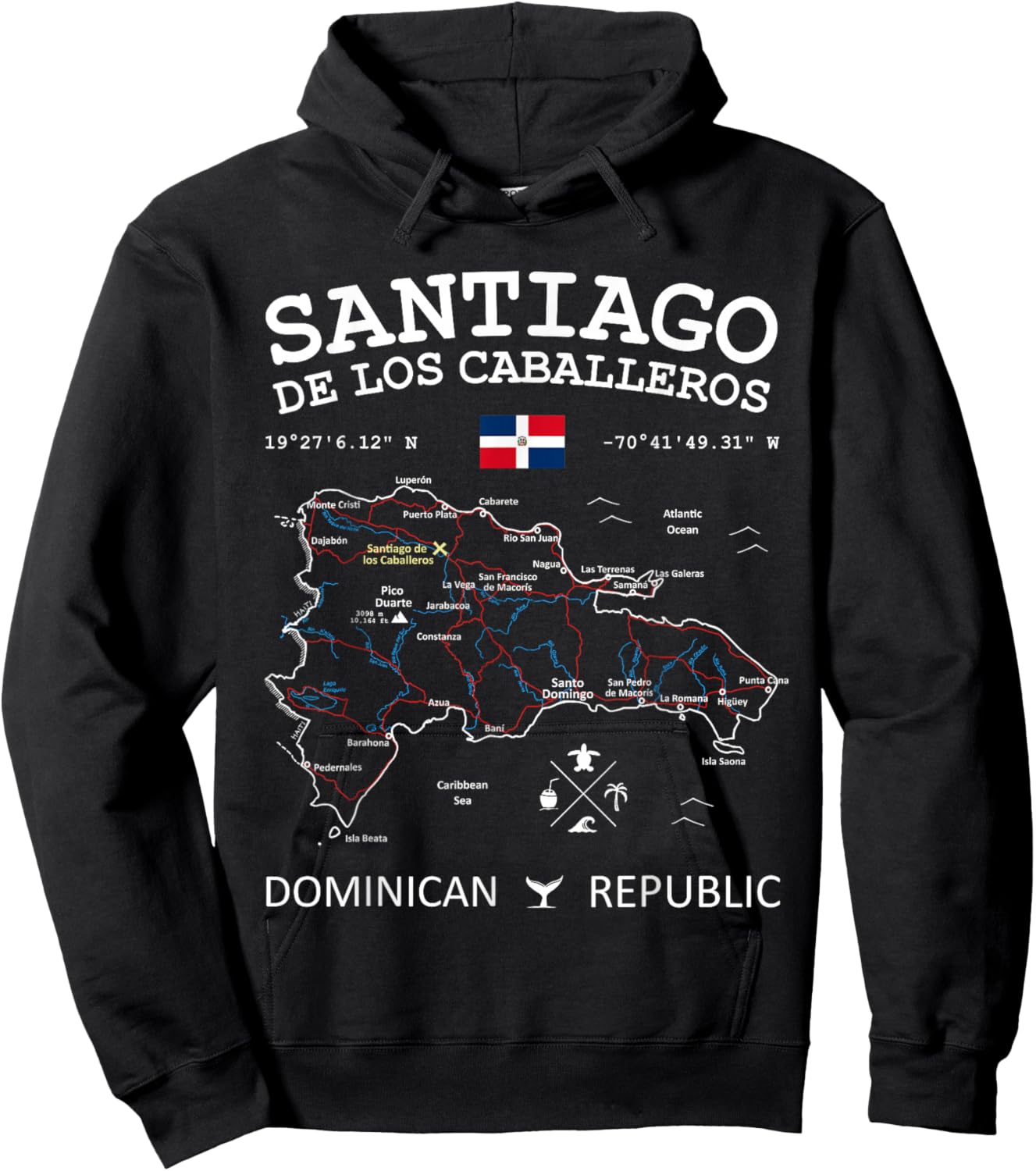 SANTIAGO de los Caballeros Dominican Republic Map Flag Hoodie - Hoodie | Black