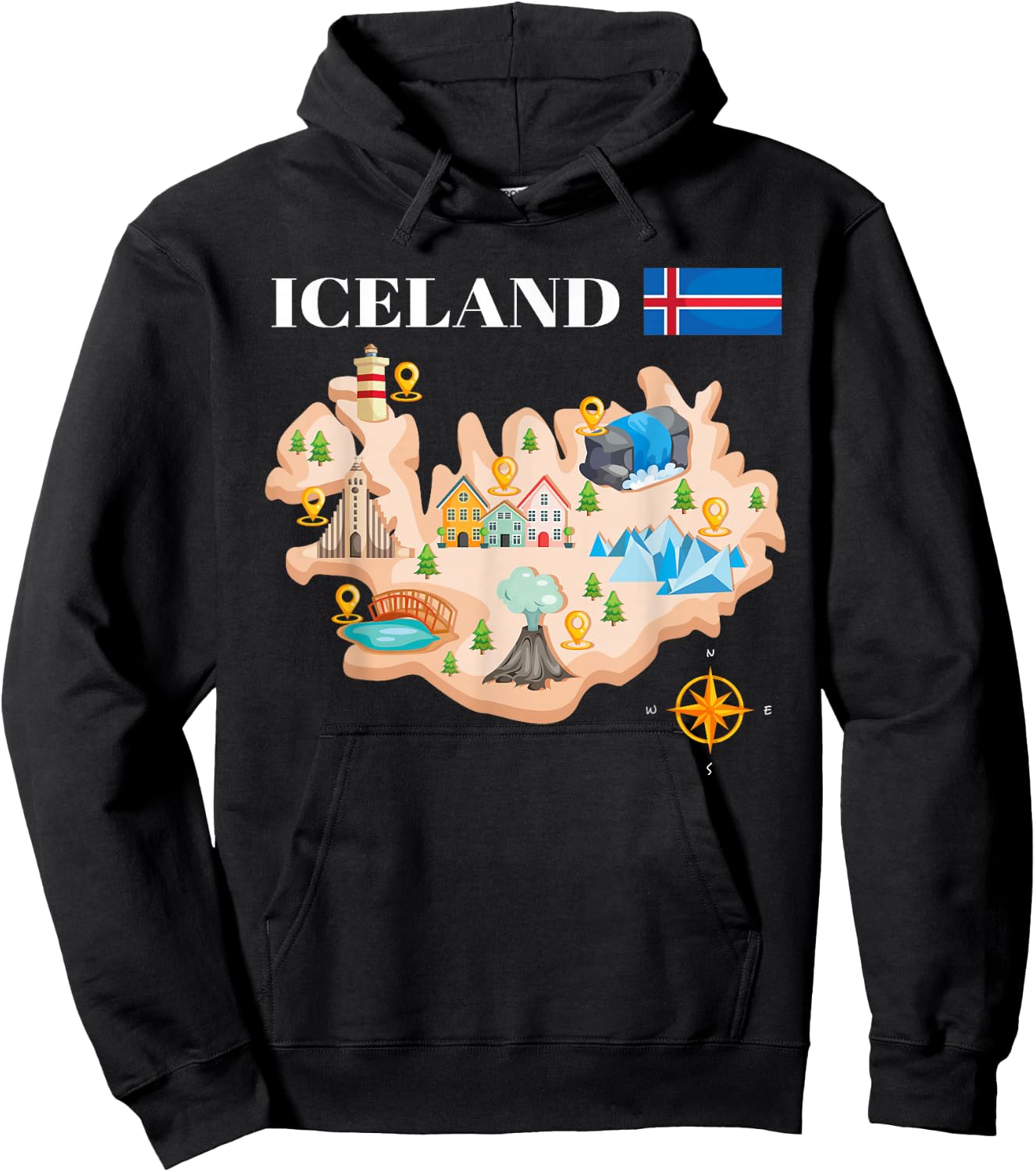 Iceland Map Souvenir Eyjafjallajokull Puffin Travel Hoodie - Hoodie | Black