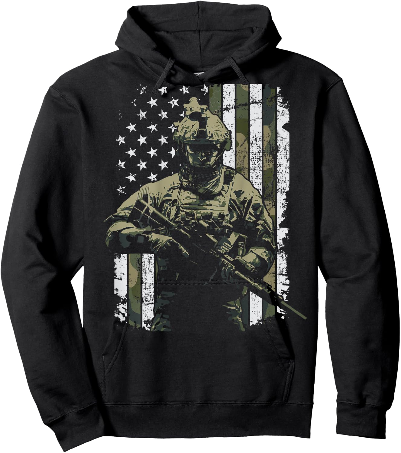 Military Soldier Combat Veteran Camouflage USA Flag -ON BACK Hoodie - Hoodie | Black
